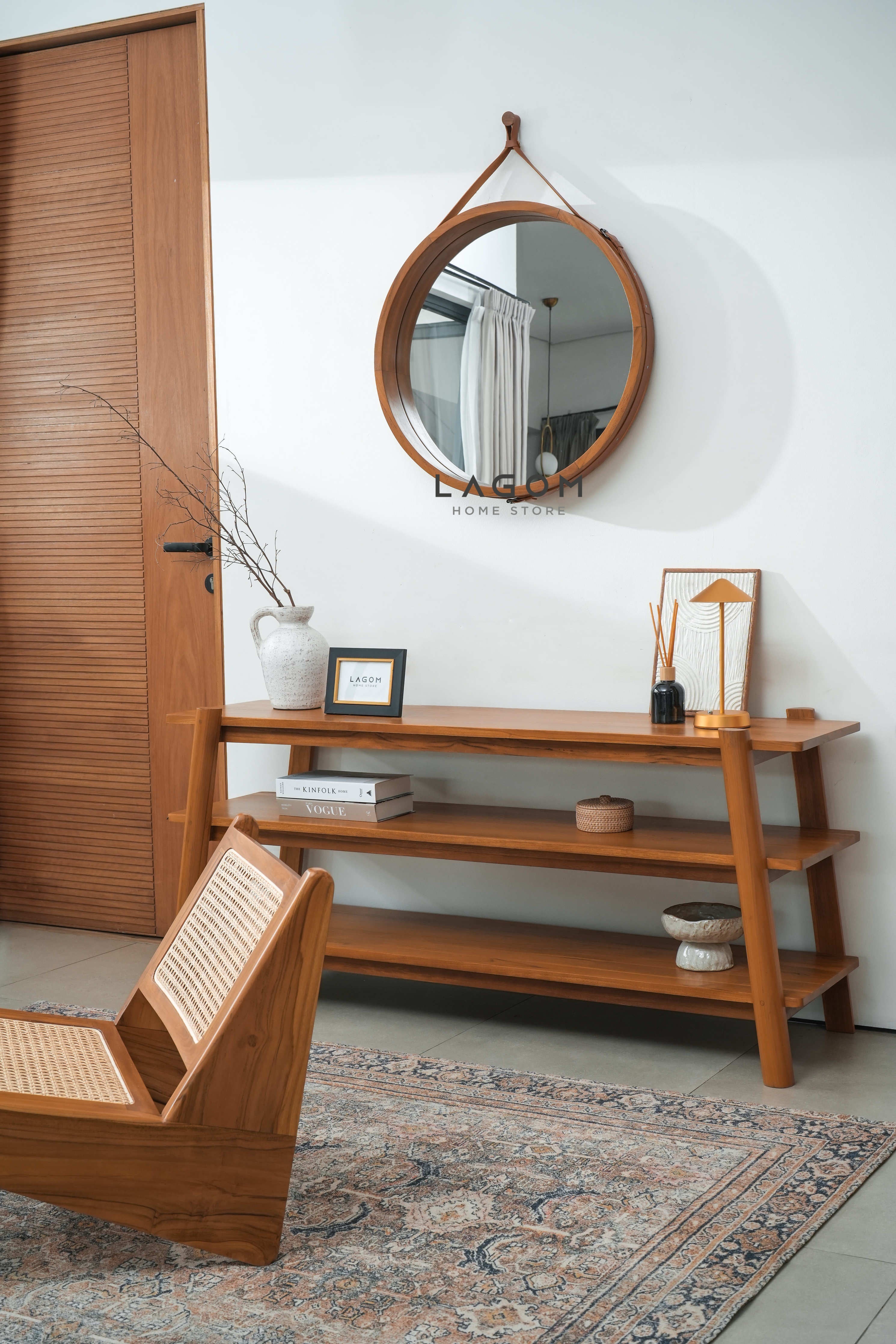 Cermin Gantung Bulat Kayu Jati Solid - Tinggi 110 cm Mirror Lagom Home Store Jati Furnitur Teak Furniture Jakarta