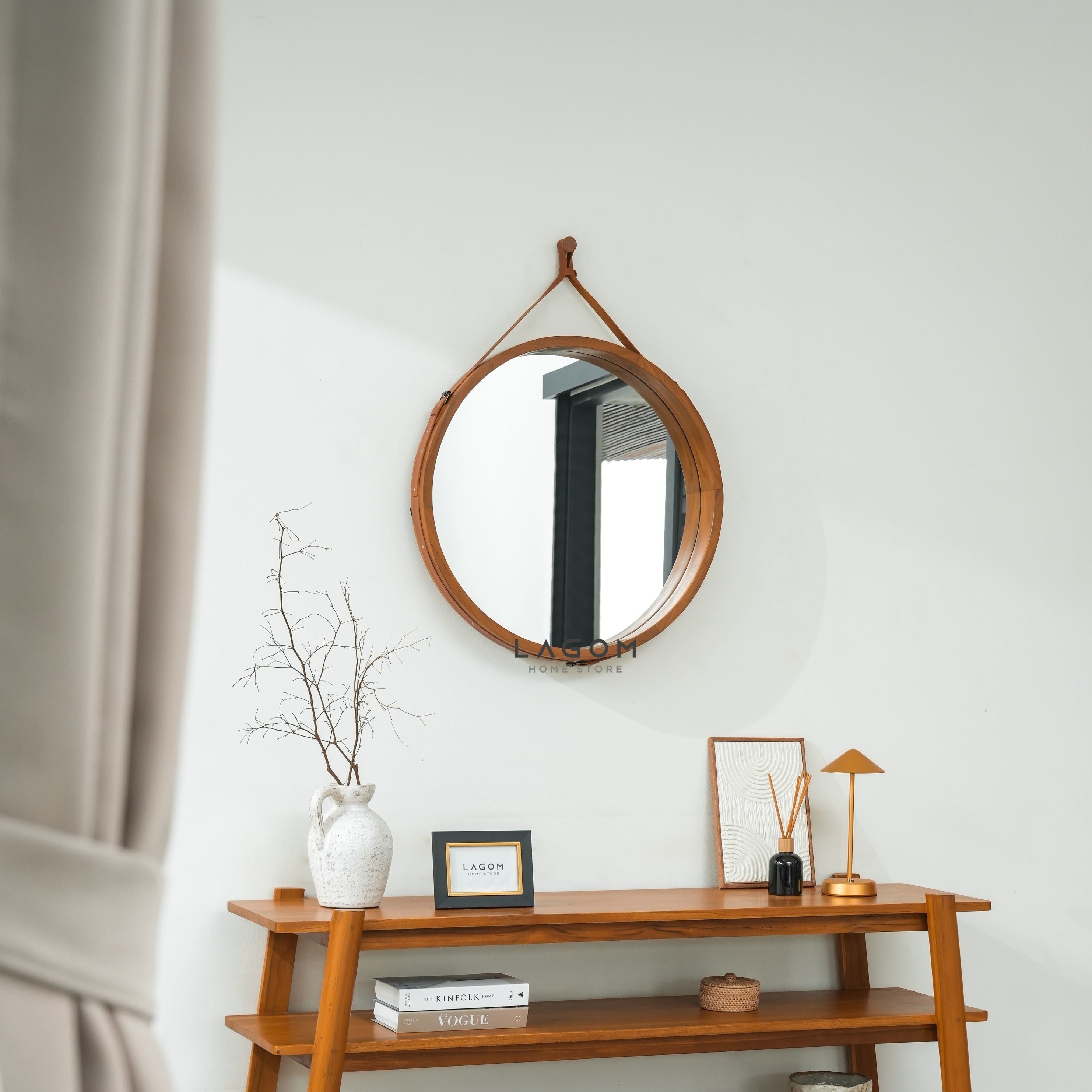 Cermin Gantung Bulat Kayu Jati Solid - Tinggi 110 cm Mirror Lagom Home Store Jati Furnitur Teak Furniture Jakarta