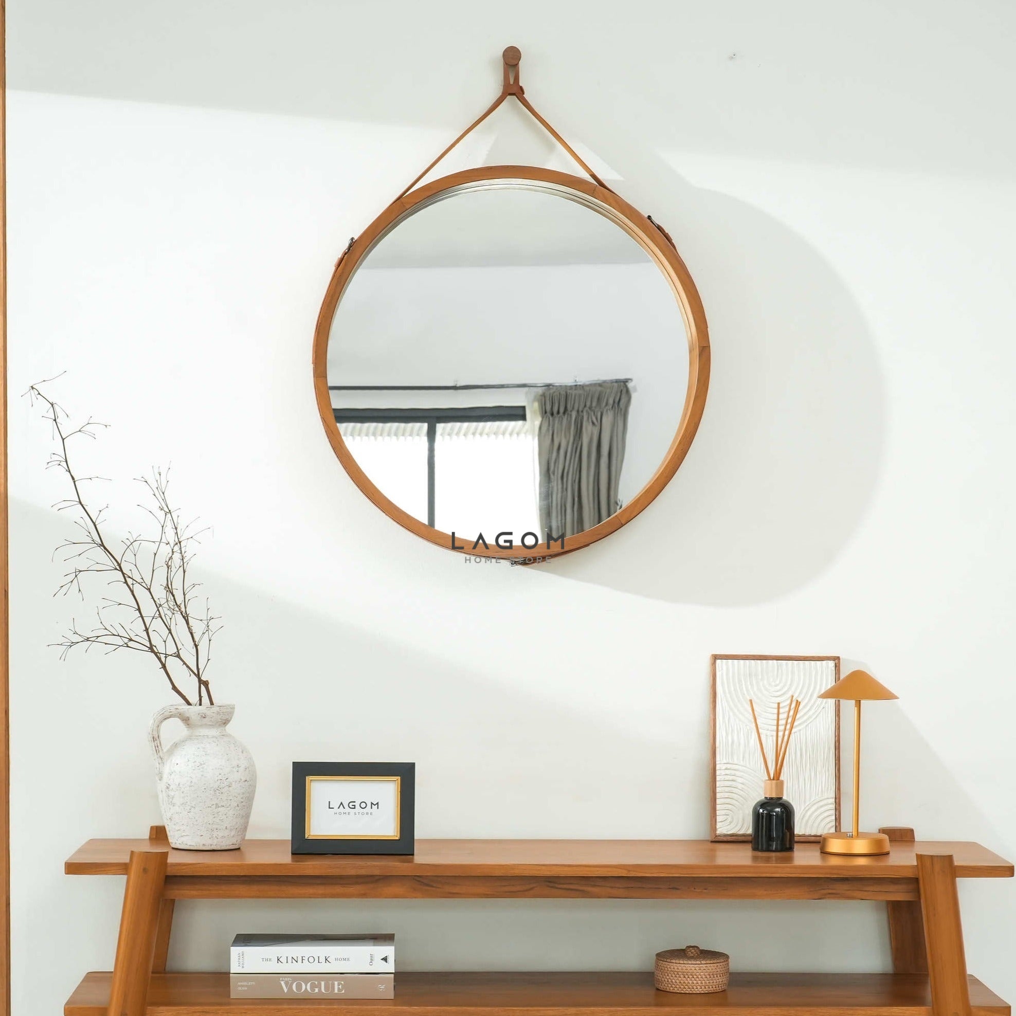 Cermin Gantung Bulat Kayu Jati Solid - Tinggi 110 cm Mirror Lagom Home Store Jati Furnitur Teak Furniture Jakarta