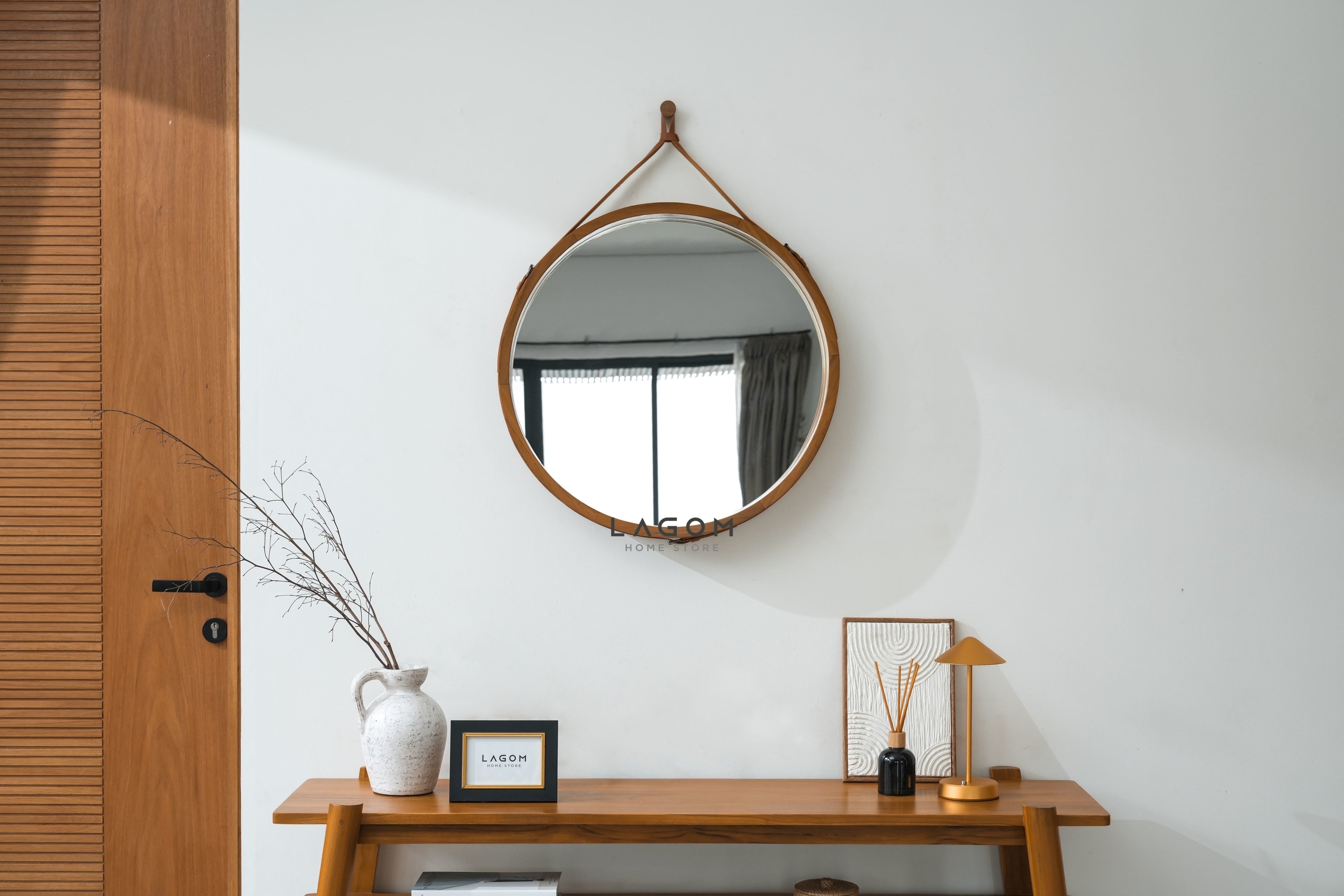 Cermin Gantung Bulat Kayu Jati Solid - Tinggi 110 cm Mirror Lagom Home Store Jati Furnitur Teak Furniture Jakarta