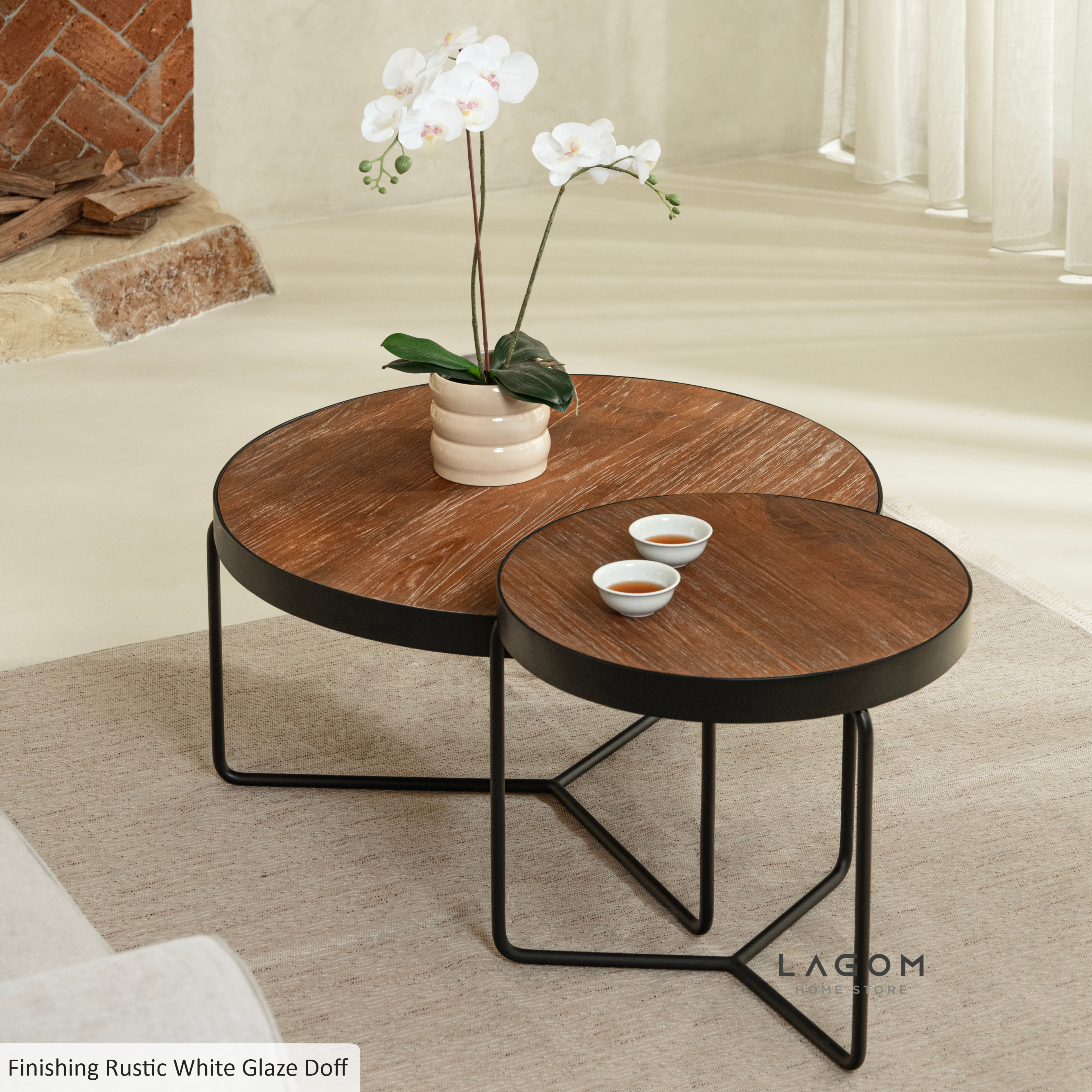 Timeless Round Teak Coffee Table Set - Solid Wood & Iron