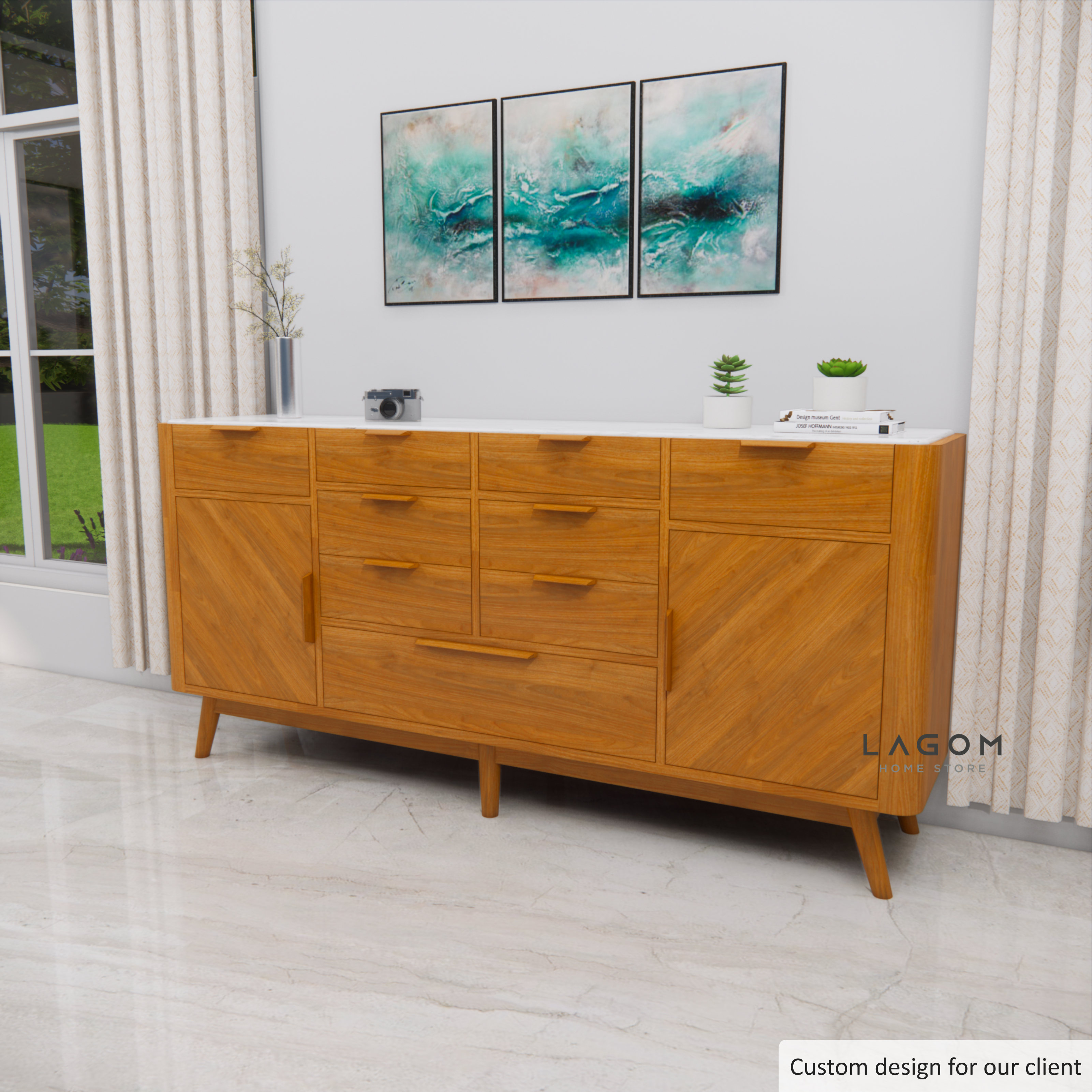 Custom-Made | Bufet Elegan dari Kayu Jati dan Marmer Buffet Lagom Home Store Jati Furnitur Teak Furniture Jakarta