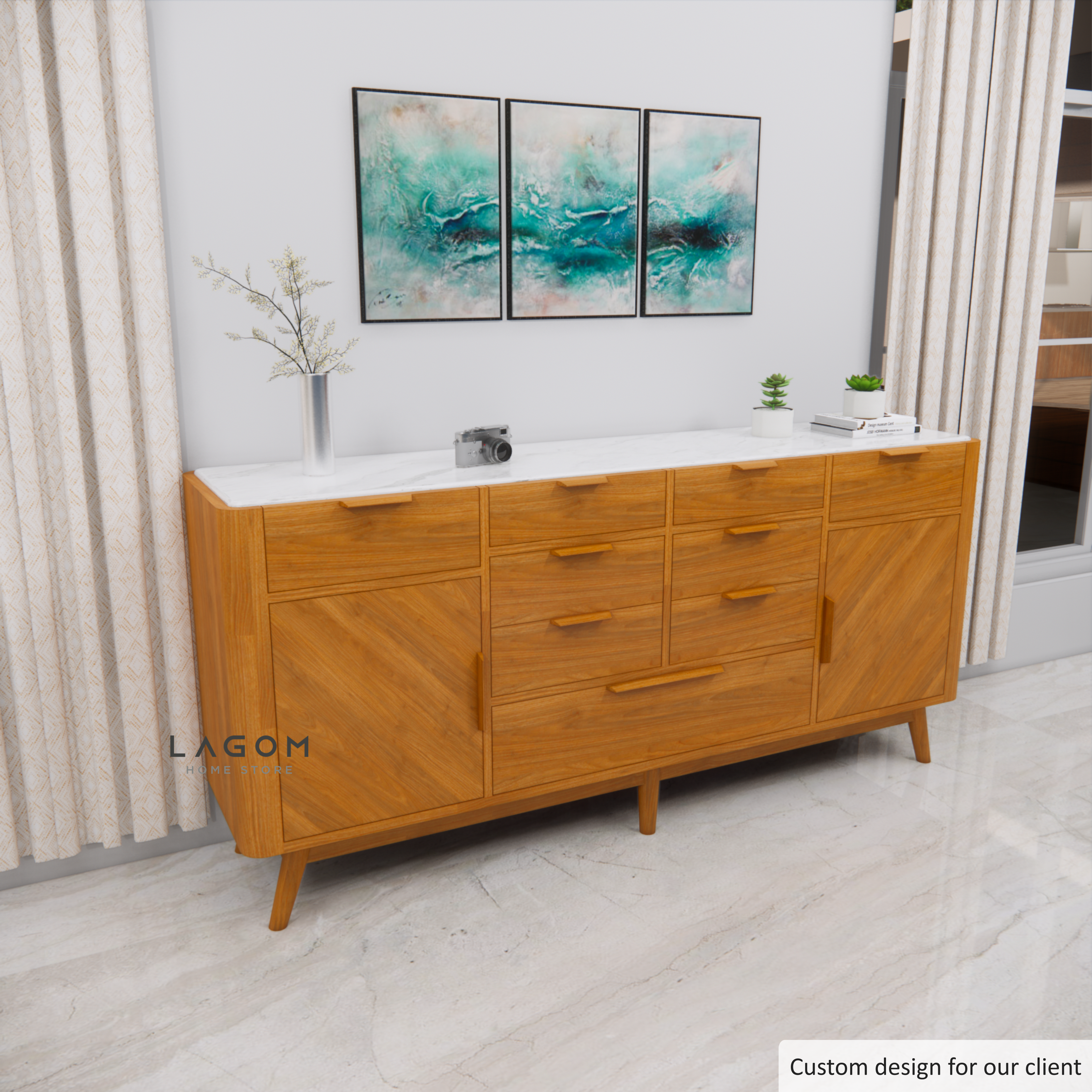 Custom-Made | Bufet Elegan dari Kayu Jati dan Marmer Buffet Lagom Home Store Jati Furnitur Teak Furniture Jakarta