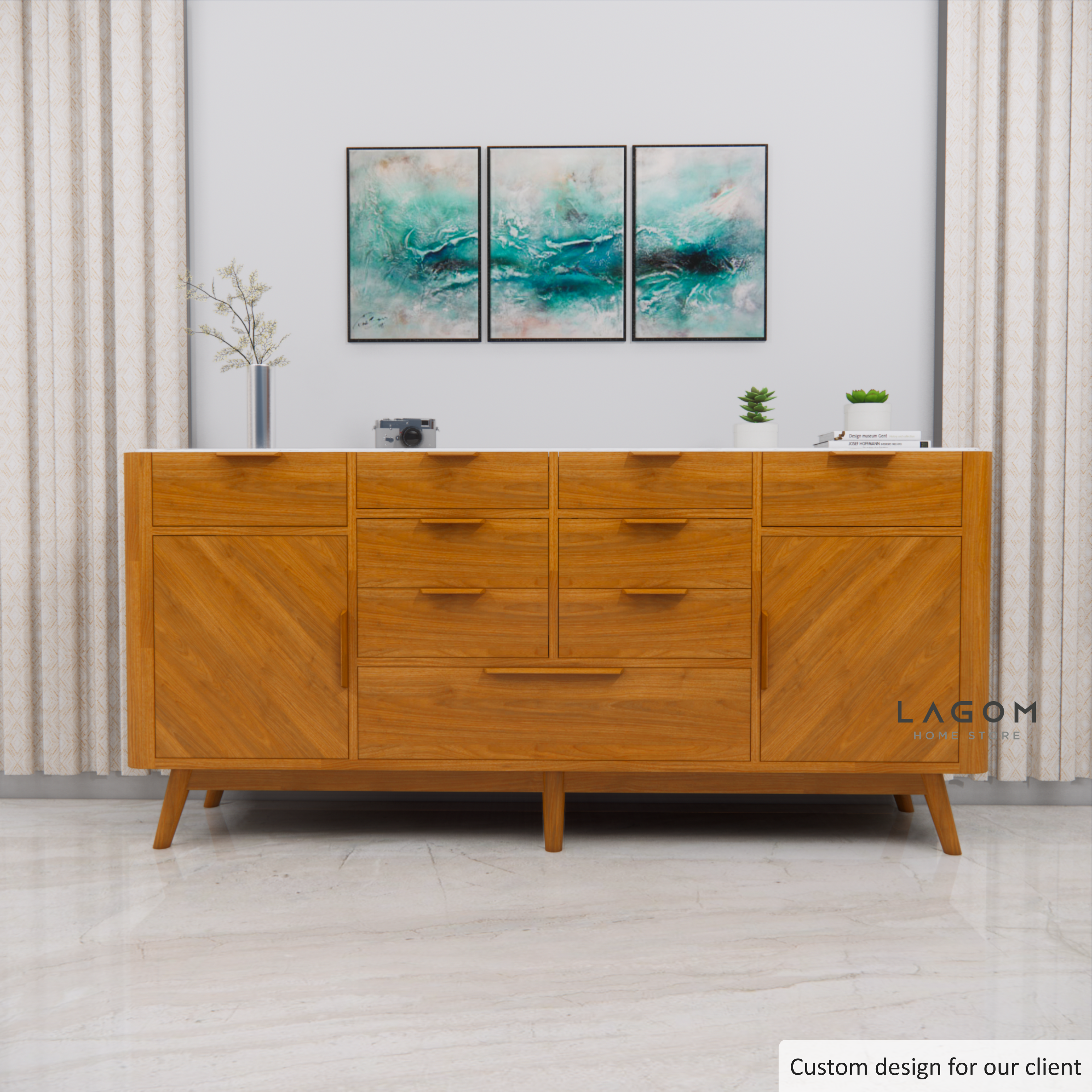 Custom-Made | Bufet Elegan dari Kayu Jati dan Marmer Buffet Lagom Home Store Jati Furnitur Teak Furniture Jakarta