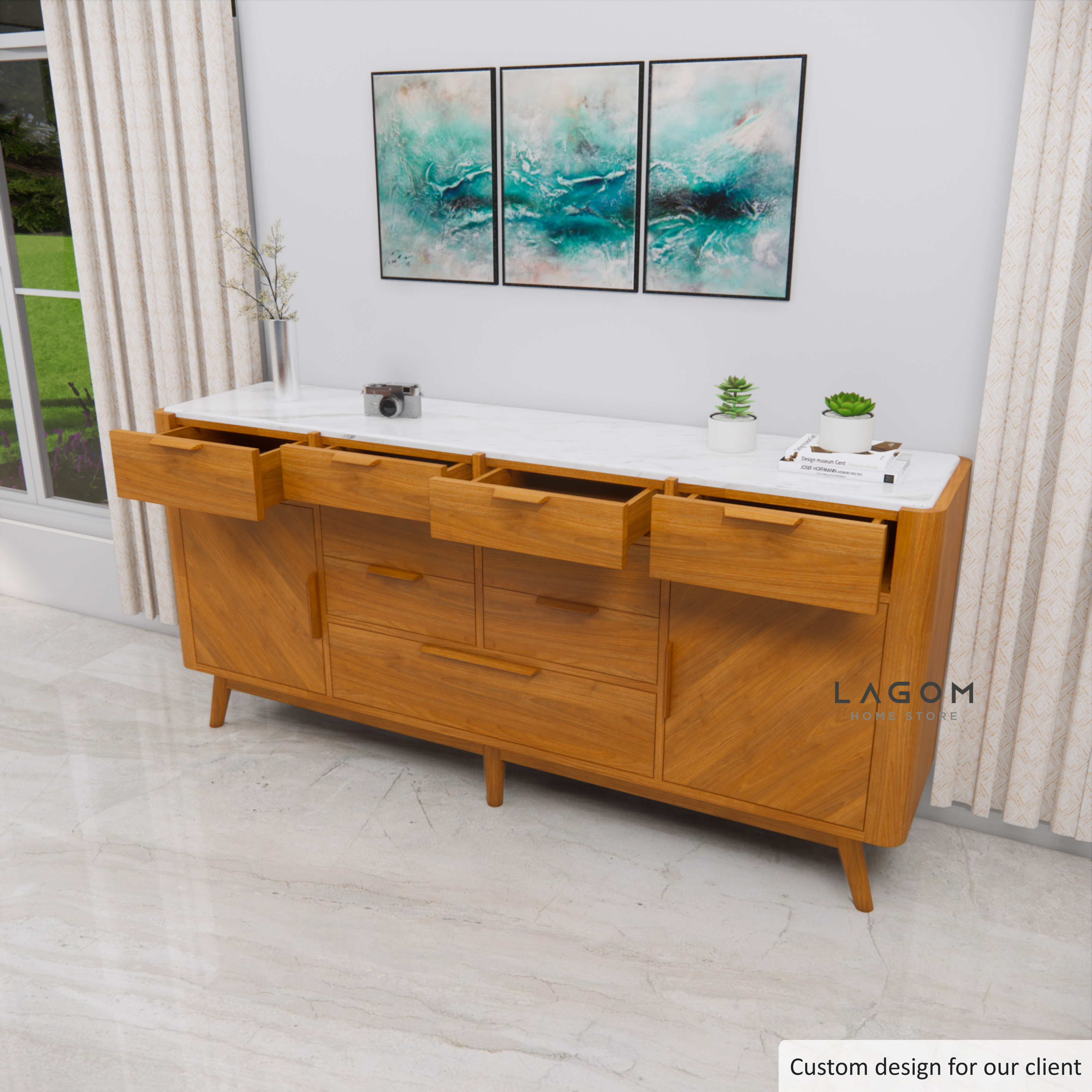 Custom-Made | Bufet Elegan dari Kayu Jati dan Marmer Buffet Lagom Home Store Jati Furnitur Teak Furniture Jakarta