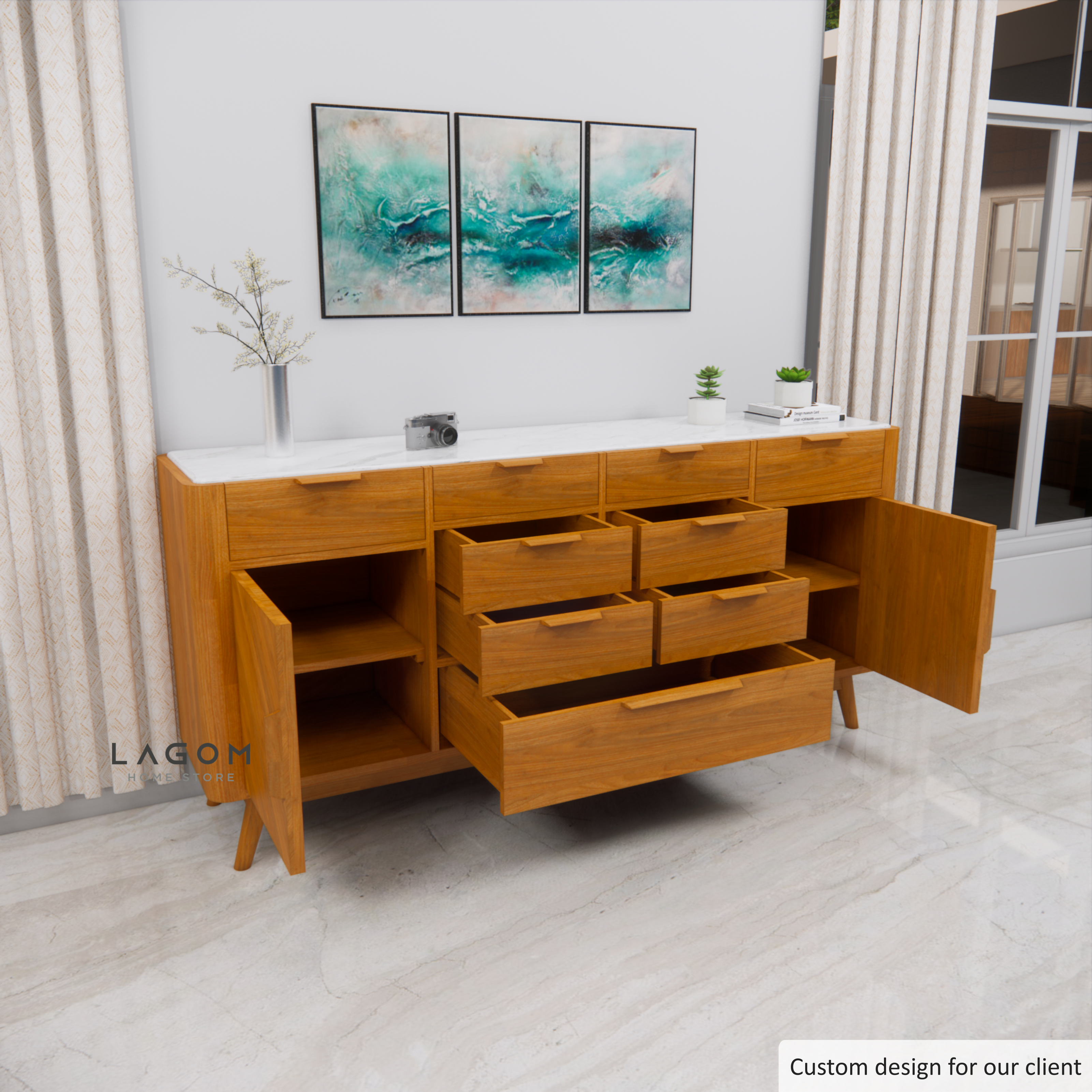 Custom-Made | Bufet Elegan dari Kayu Jati dan Marmer Buffet Lagom Home Store Jati Furnitur Teak Furniture Jakarta