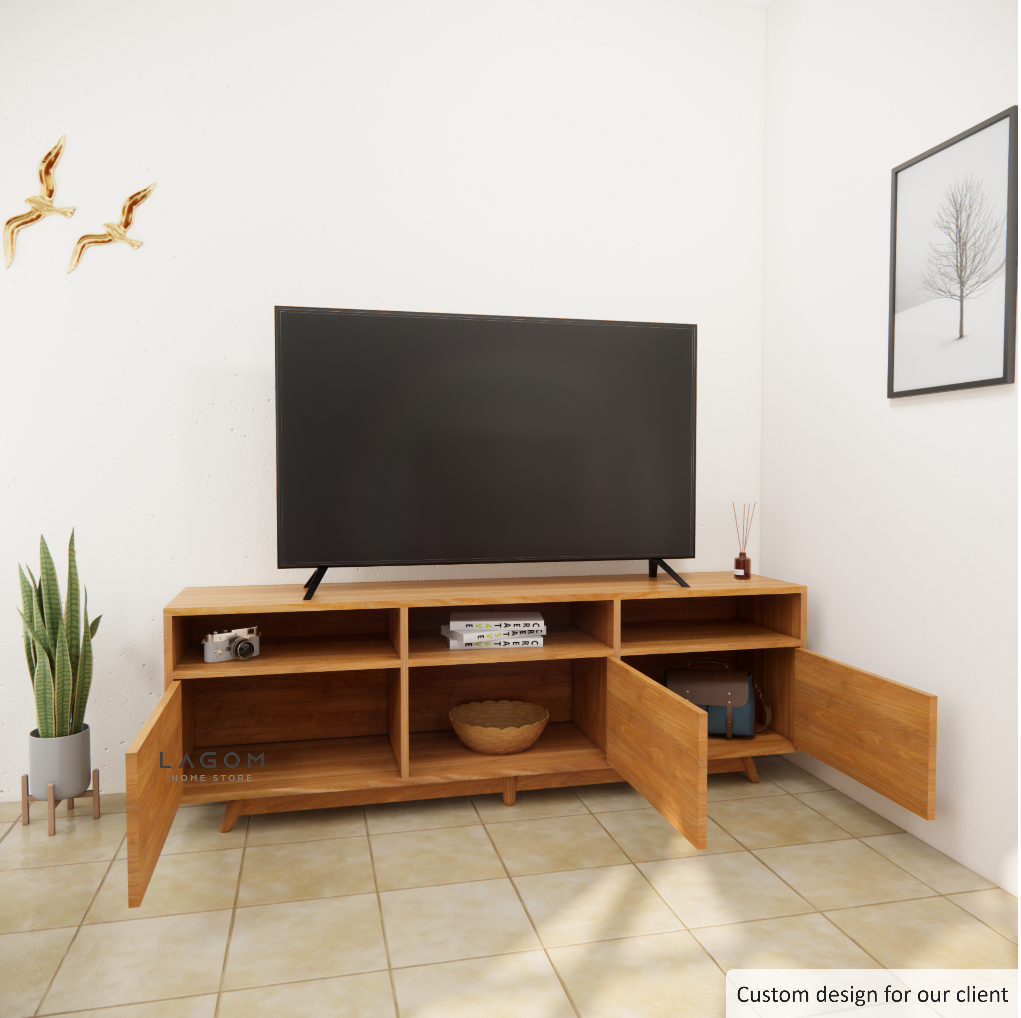 Custom-Made | Kabinet TV Panjang dari Kayu Jati Solid TV Cabinet Lagom Home Store Jati Furnitur Teak Furniture Jakarta