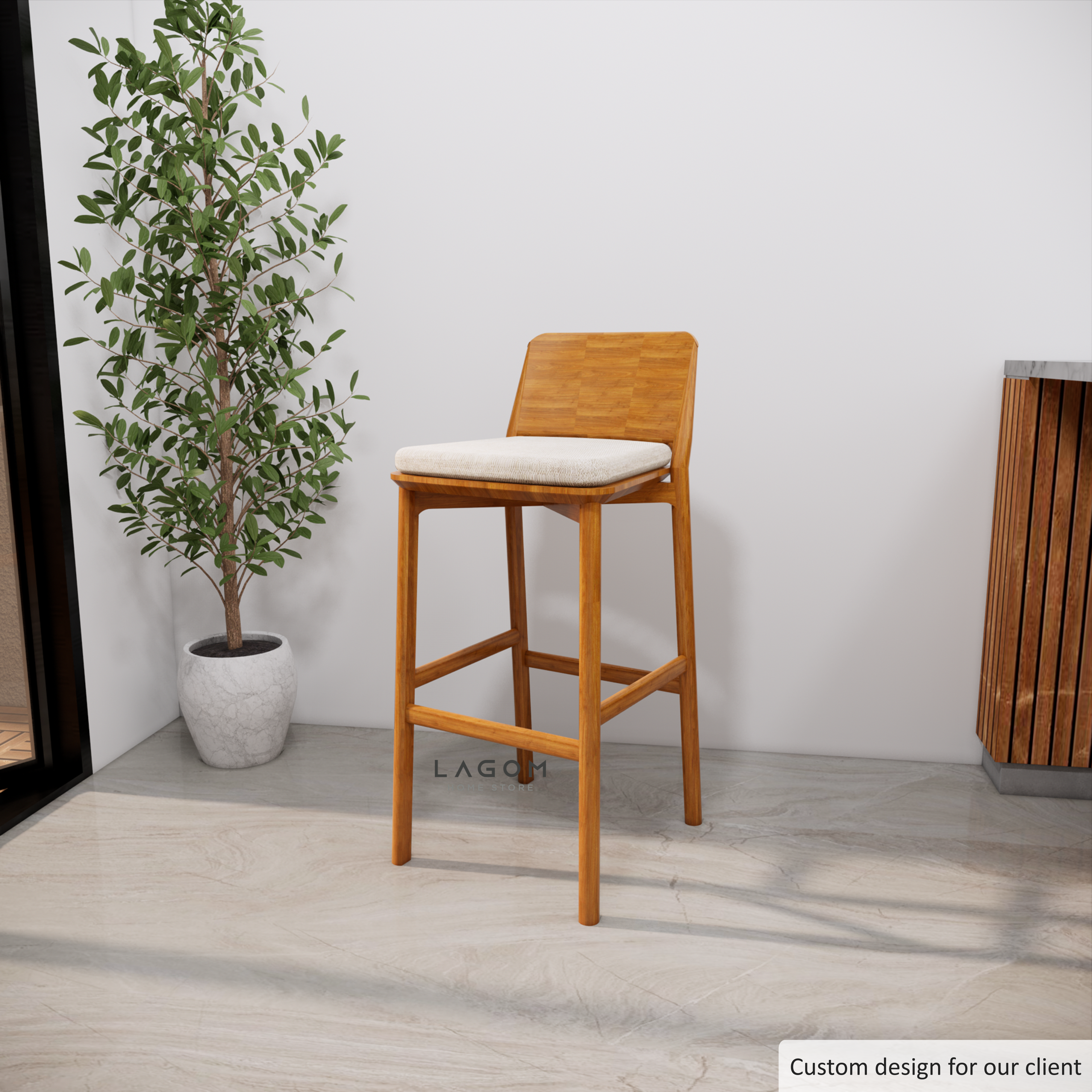 Custom-Made | Kursi Bar/Bar Stool Kayu Jati dengan Cushion Premium Bar Stool Lagom Home Store Jati Furnitur Teak Furniture Jakarta