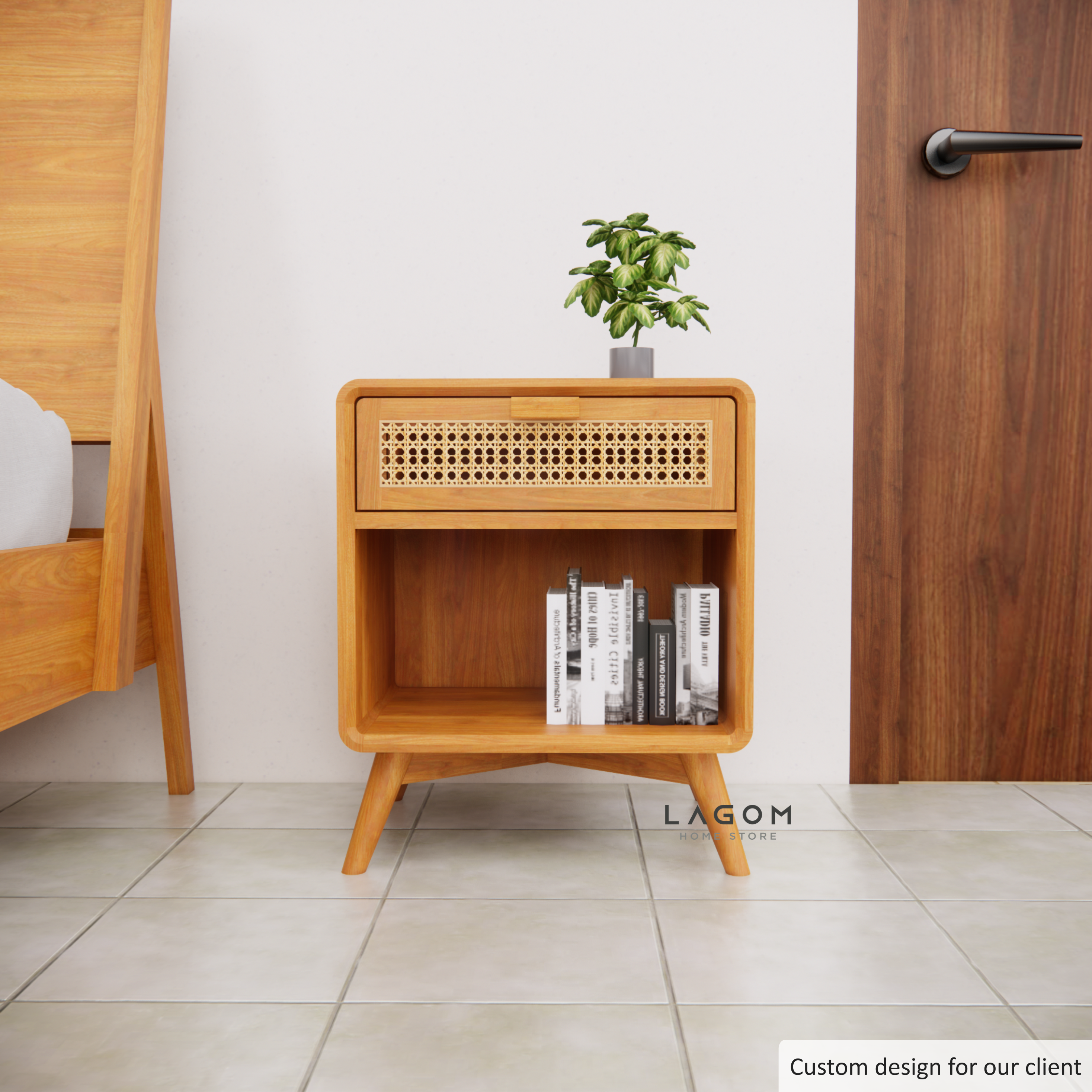 Custom-Made | Meja Samping dengan Laci dari Kayu Jati dan Rotan Side Table Lagom Home Store Jati Furnitur Teak Furniture Jakarta