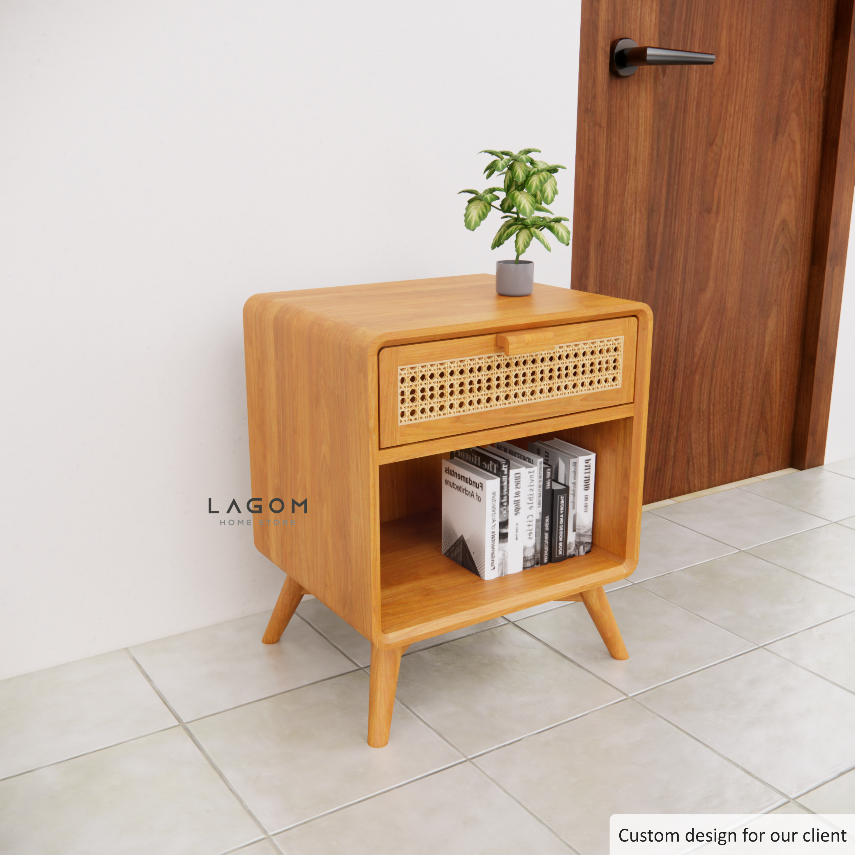 Custom-Made | Meja Samping dengan Laci dari Kayu Jati dan Rotan Side Table Lagom Home Store Jati Furnitur Teak Furniture Jakarta