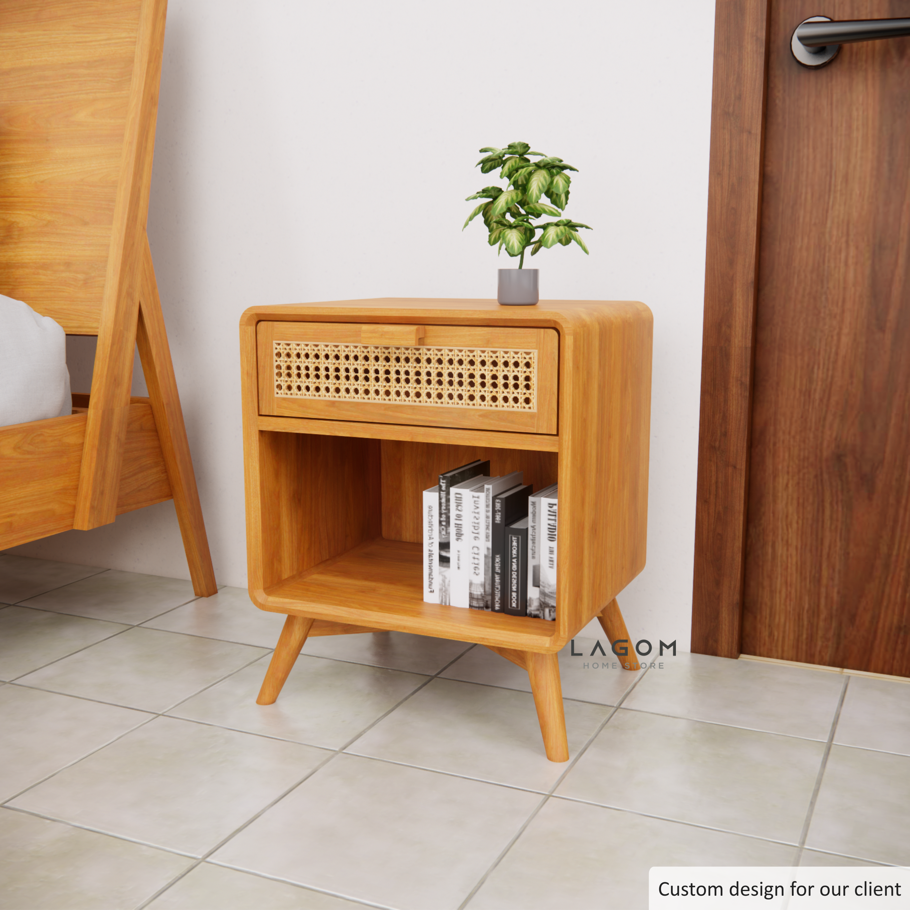 Custom-Made | Meja Samping dengan Laci dari Kayu Jati dan Rotan Side Table Lagom Home Store Jati Furnitur Teak Furniture Jakarta