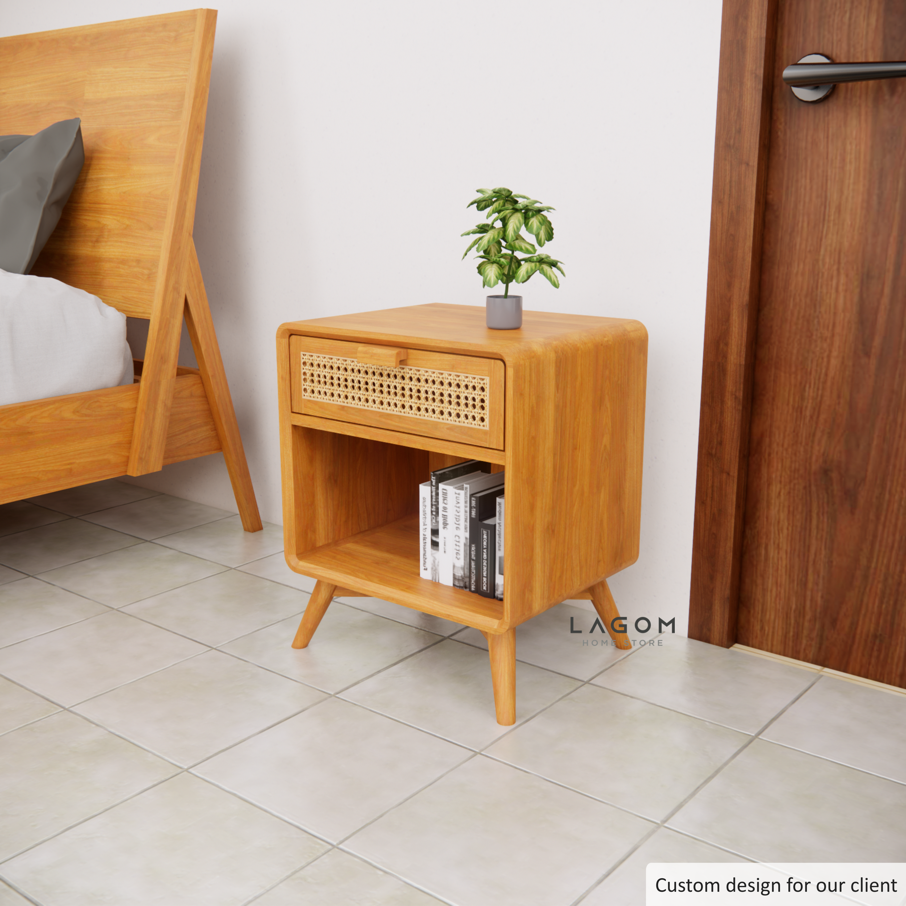 Custom-Made | Meja Samping dengan Laci dari Kayu Jati dan Rotan Side Table Lagom Home Store Jati Furnitur Teak Furniture Jakarta