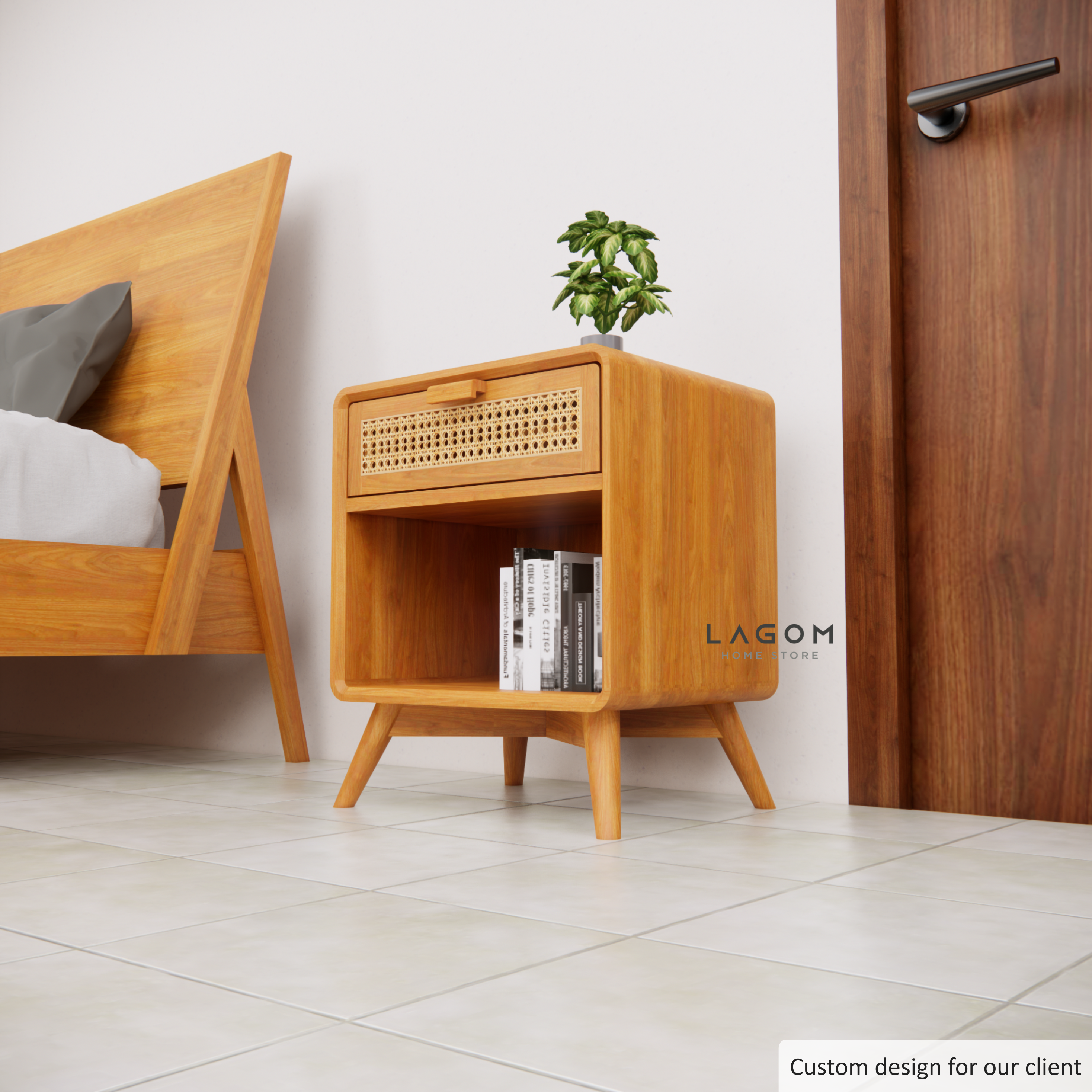 Custom-Made | Meja Samping dengan Laci dari Kayu Jati dan Rotan Side Table Lagom Home Store Jati Furnitur Teak Furniture Jakarta