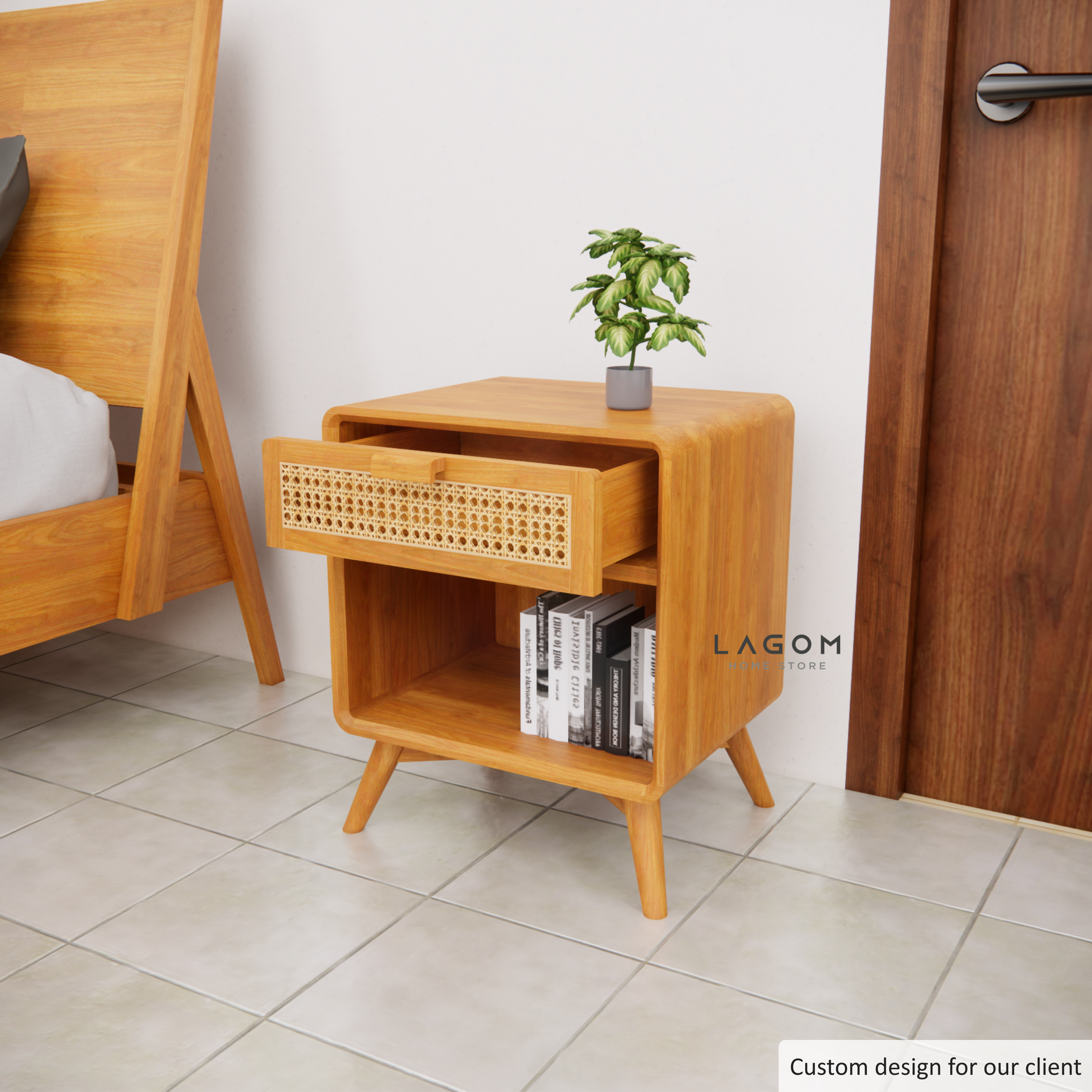 Custom-Made | Meja Samping dengan Laci dari Kayu Jati dan Rotan Side Table Lagom Home Store Jati Furnitur Teak Furniture Jakarta