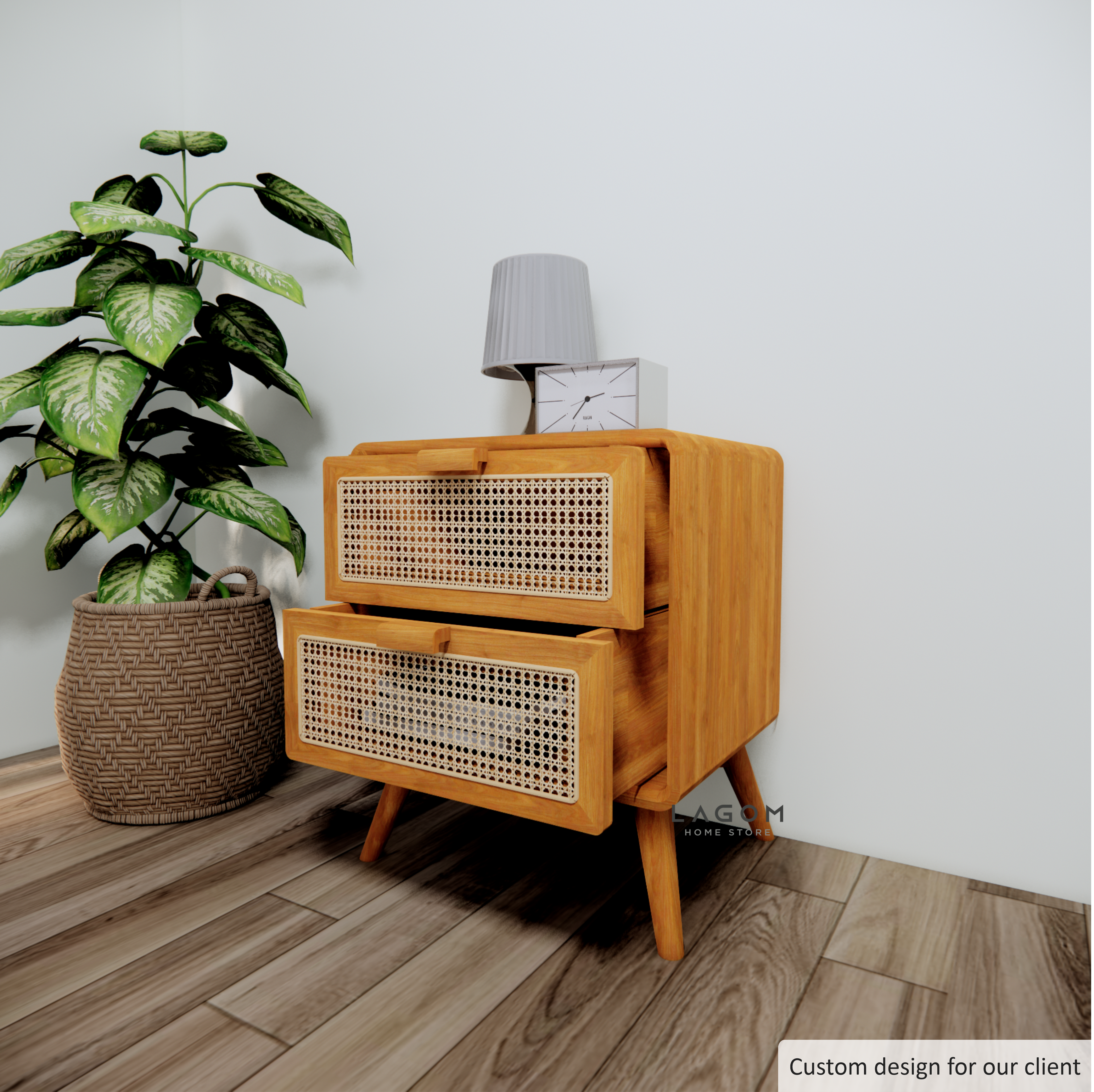 Custom-Made | Meja Samping Kayu Jati dengan Laci Rotan Side Table Lagom Home Store Jati Furnitur Teak Furniture Jakarta