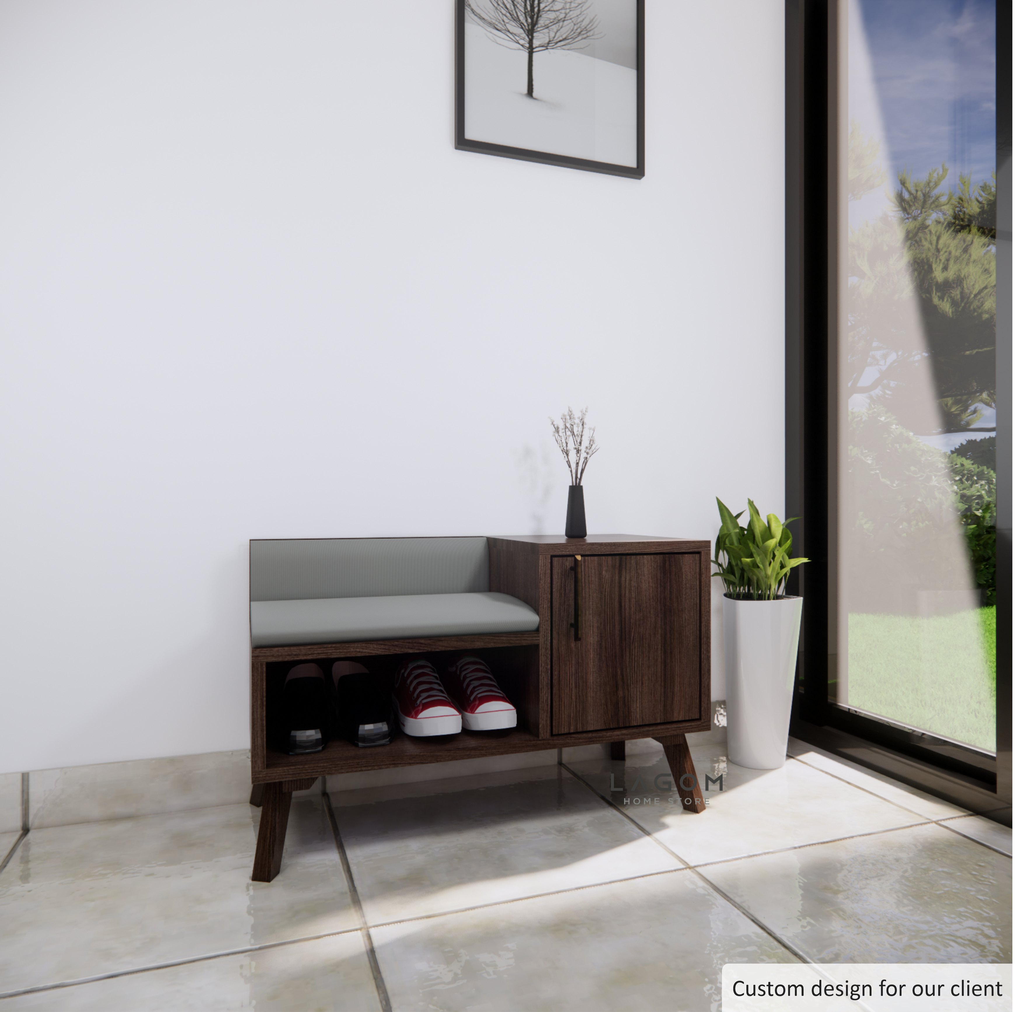 Custom-Made | Rak Sepatu dengan Bangku dari Kayu Jati Shoe Storage Lagom Home Store Jati Furnitur Teak Furniture Jakarta