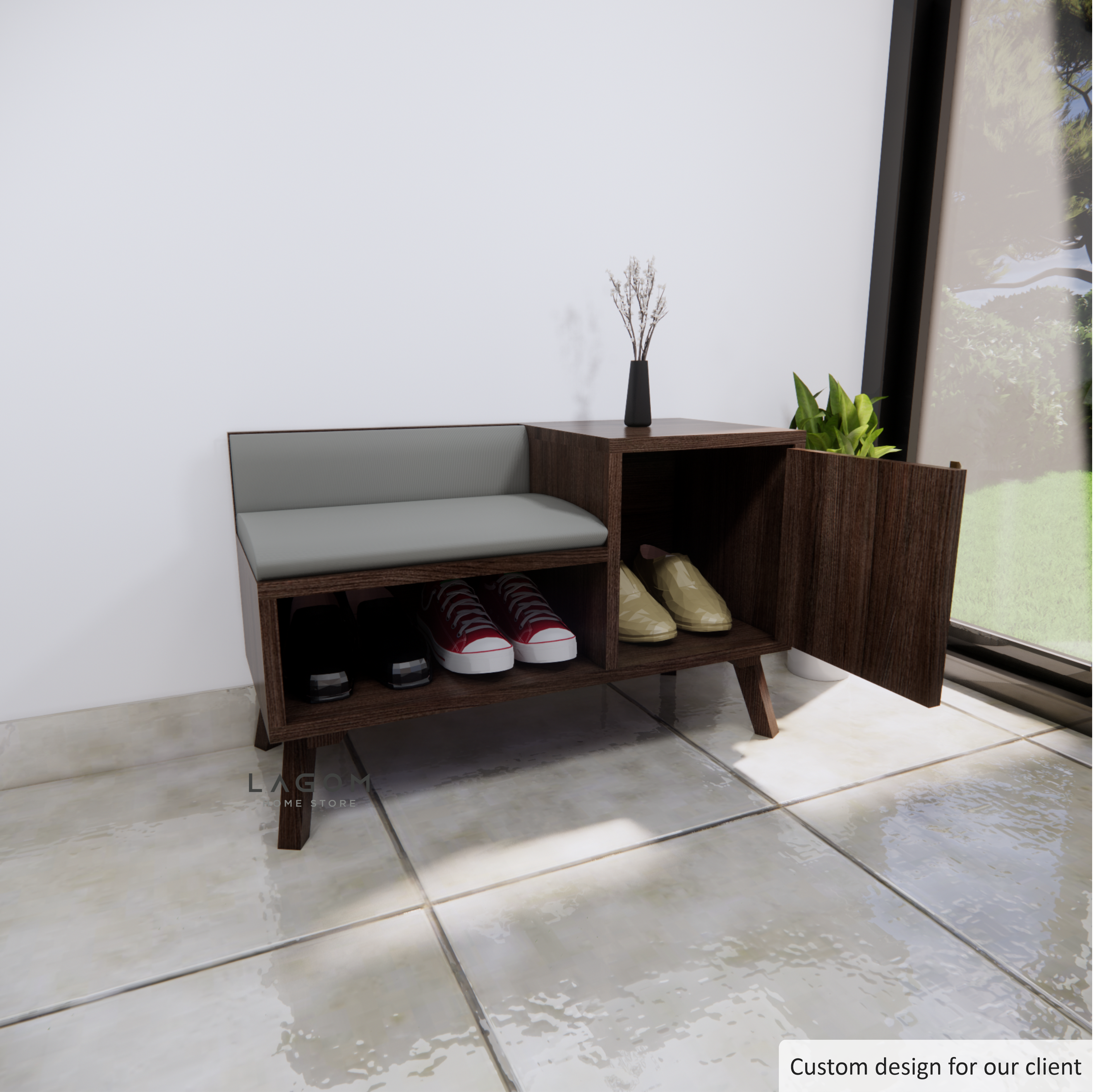 Custom-Made | Rak Sepatu dengan Bangku dari Kayu Jati Shoe Storage Lagom Home Store Jati Furnitur Teak Furniture Jakarta