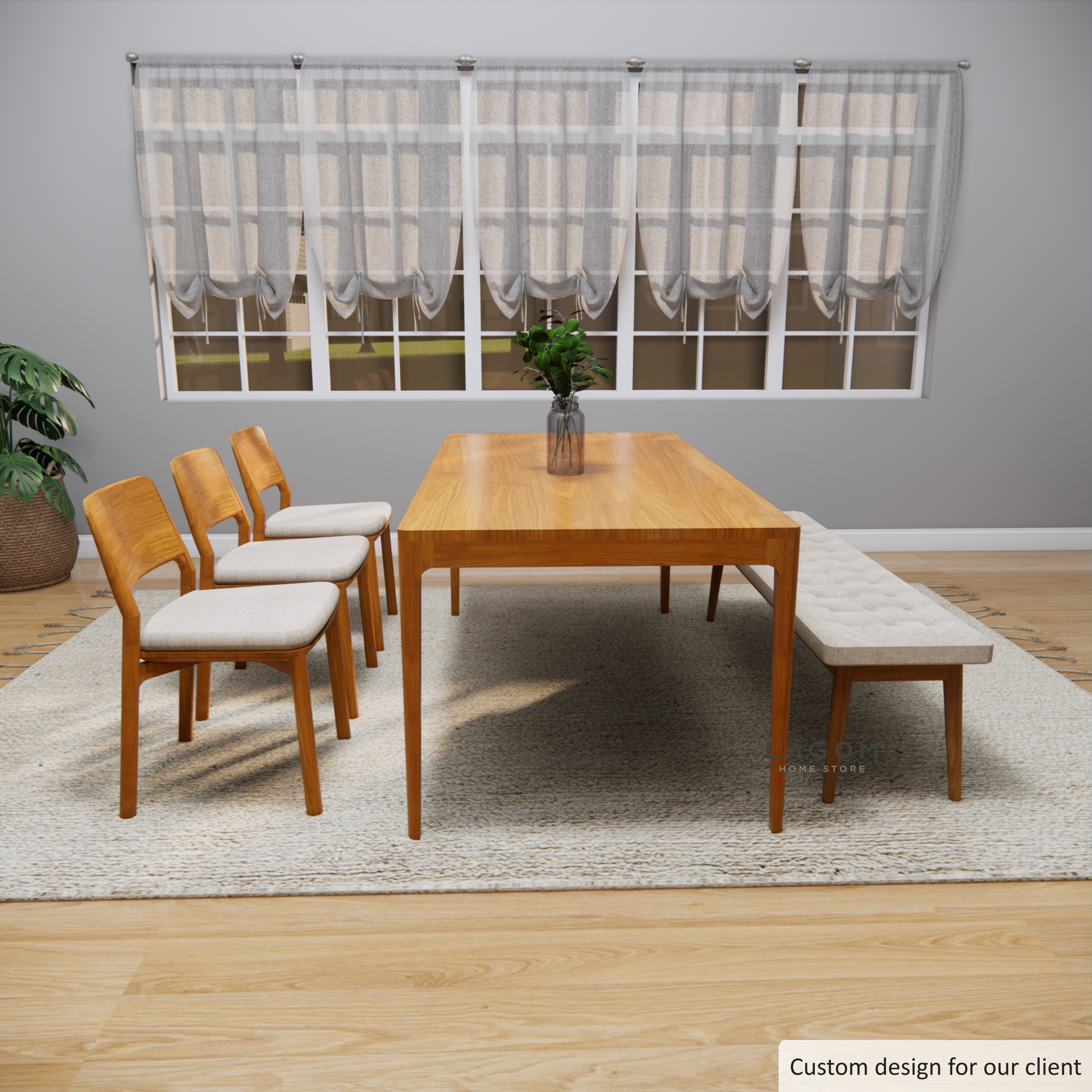Custom-Made | Set Meja Makan Kayu Jati dengan 3 Kursi dan 1 Bangku Dining Set Lagom Home Store Jati Furnitur Teak Furniture Jakarta