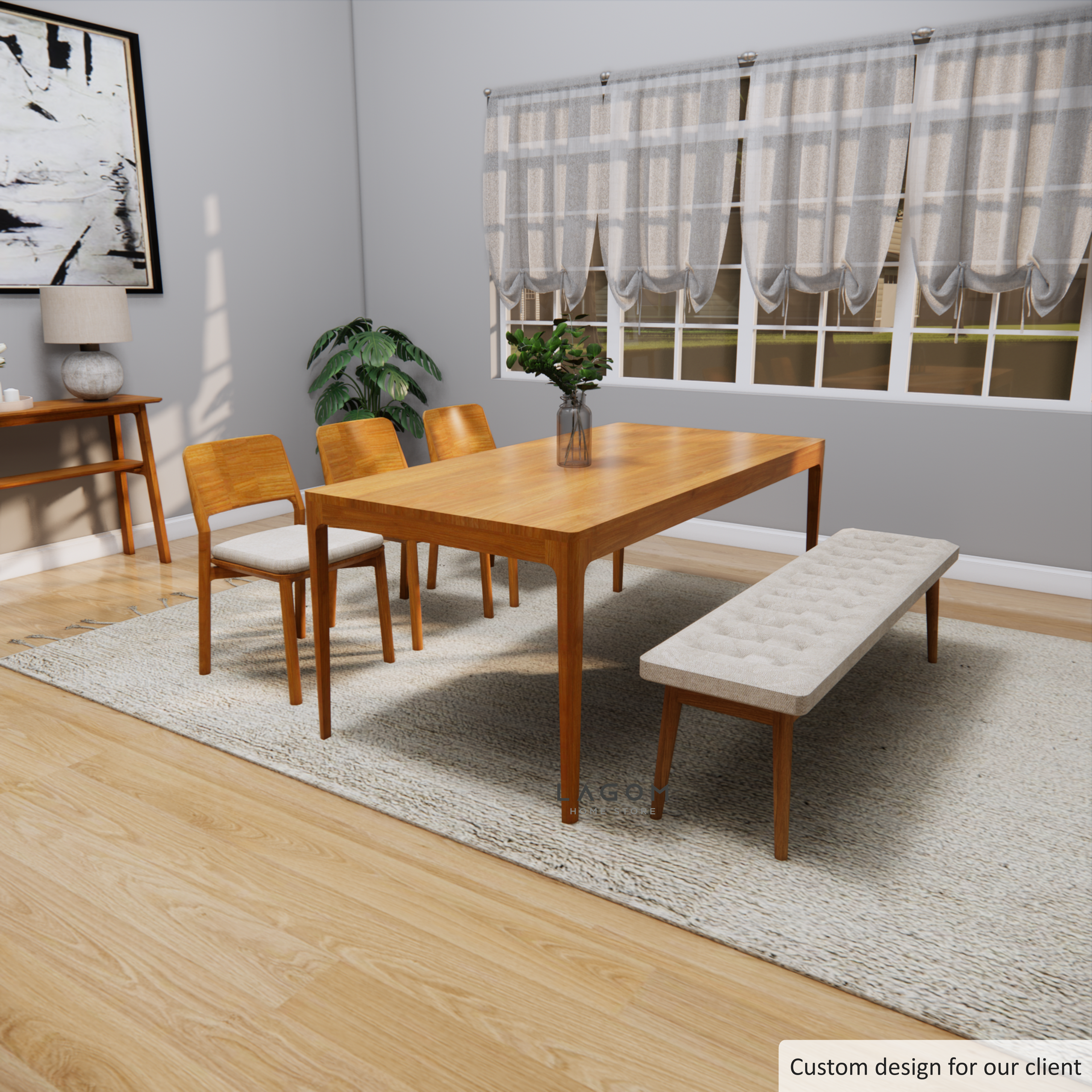 Custom-Made | Set Meja Makan Kayu Jati dengan 3 Kursi dan 1 Bangku Dining Set Lagom Home Store Jati Furnitur Teak Furniture Jakarta