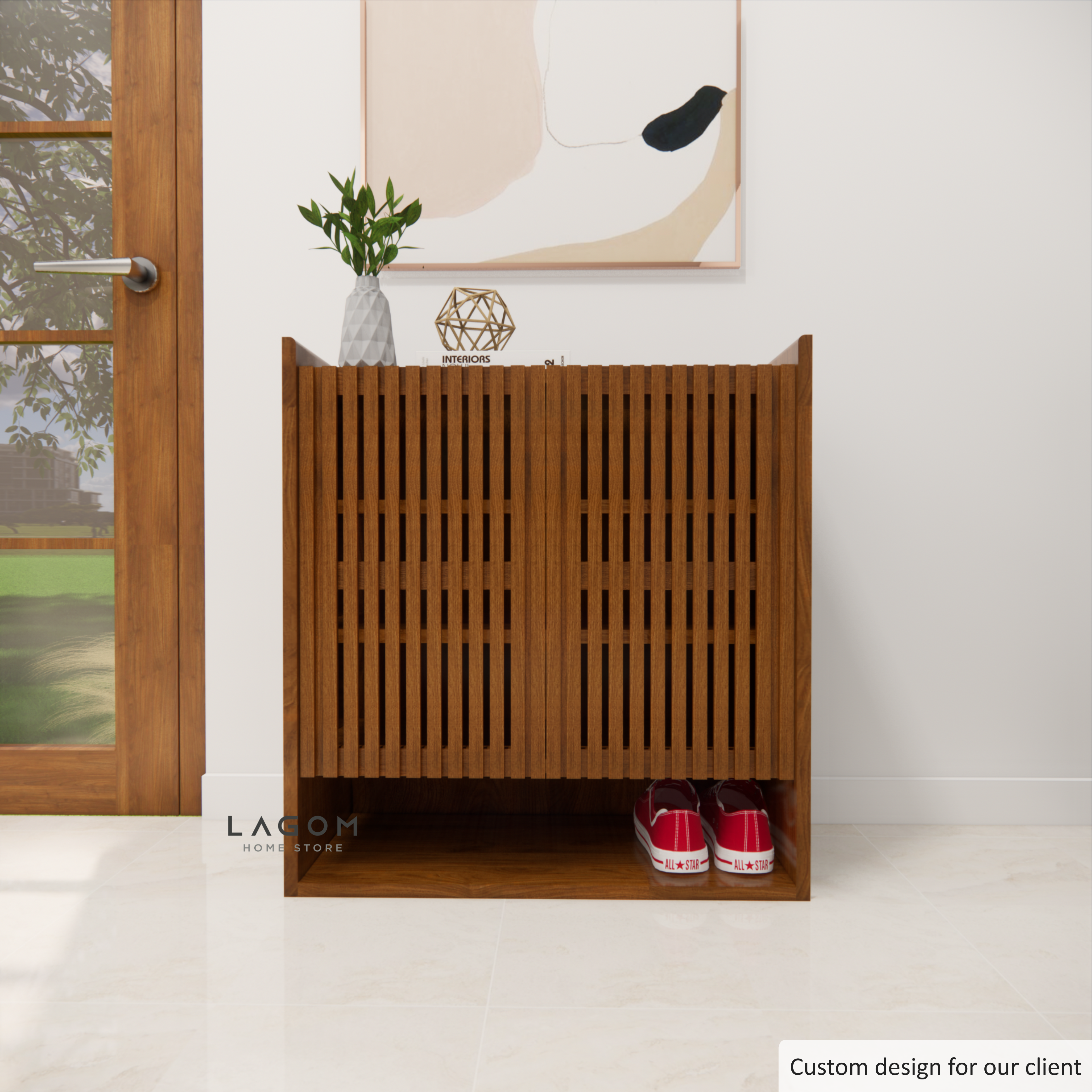 Custom-Made | Teak Wood Shoe Cabinet with Slatted Doors Shoe Storage Lagom Home Store Jati Furnitur Teak Furniture Jakarta