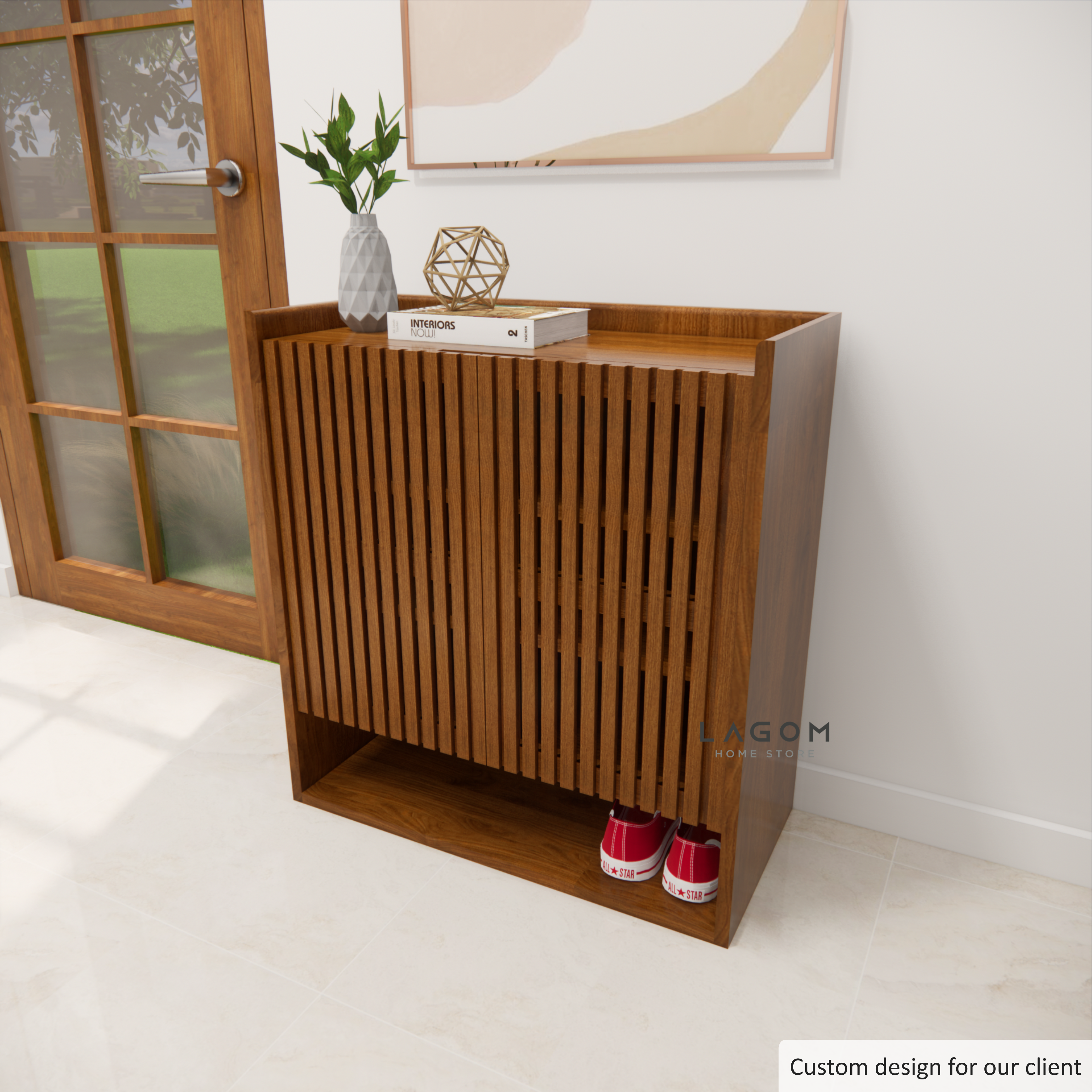 Custom-Made | Teak Wood Shoe Cabinet with Slatted Doors Shoe Storage Lagom Home Store Jati Furnitur Teak Furniture Jakarta