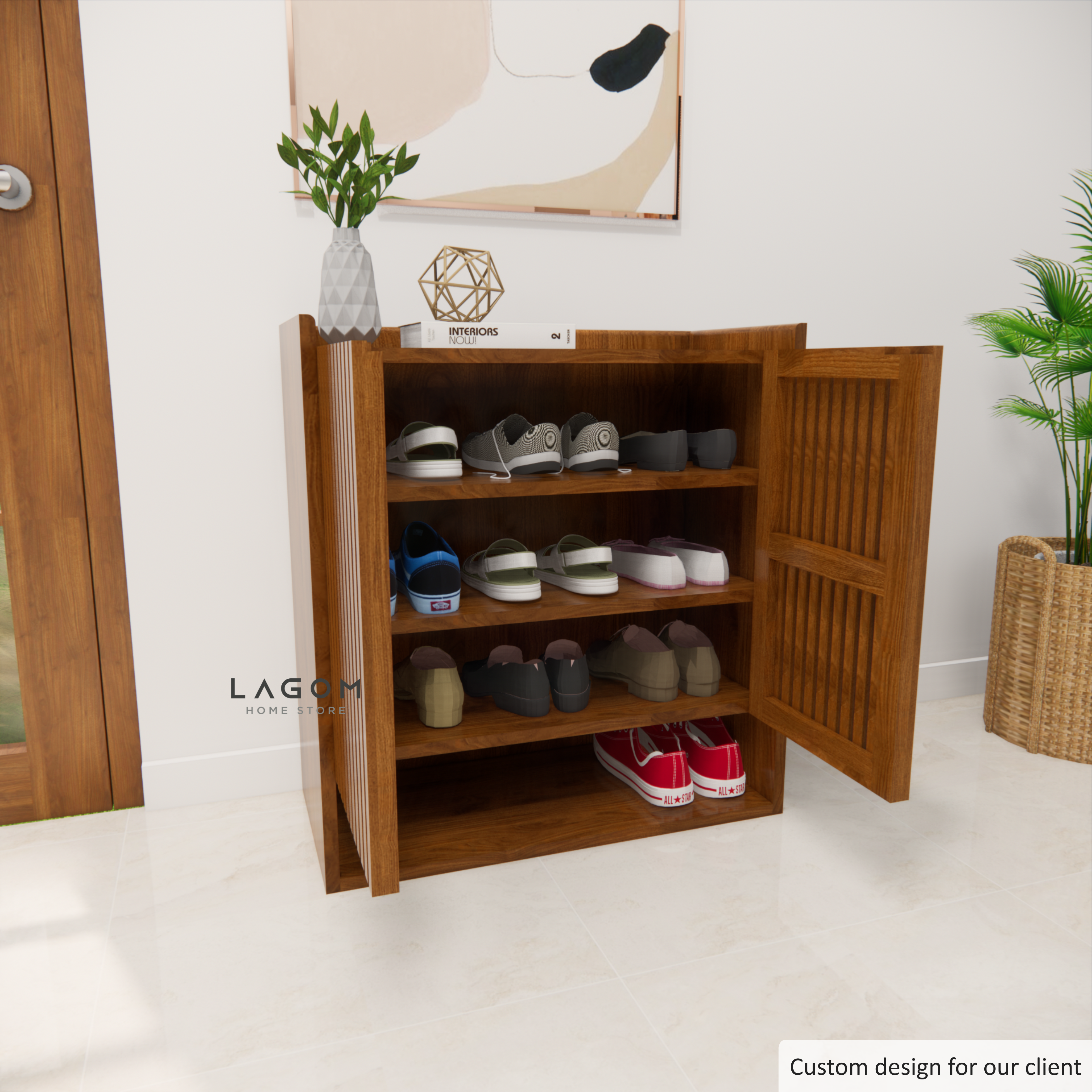 Custom-Made | Teak Wood Shoe Cabinet with Slatted Doors Shoe Storage Lagom Home Store Jati Furnitur Teak Furniture Jakarta