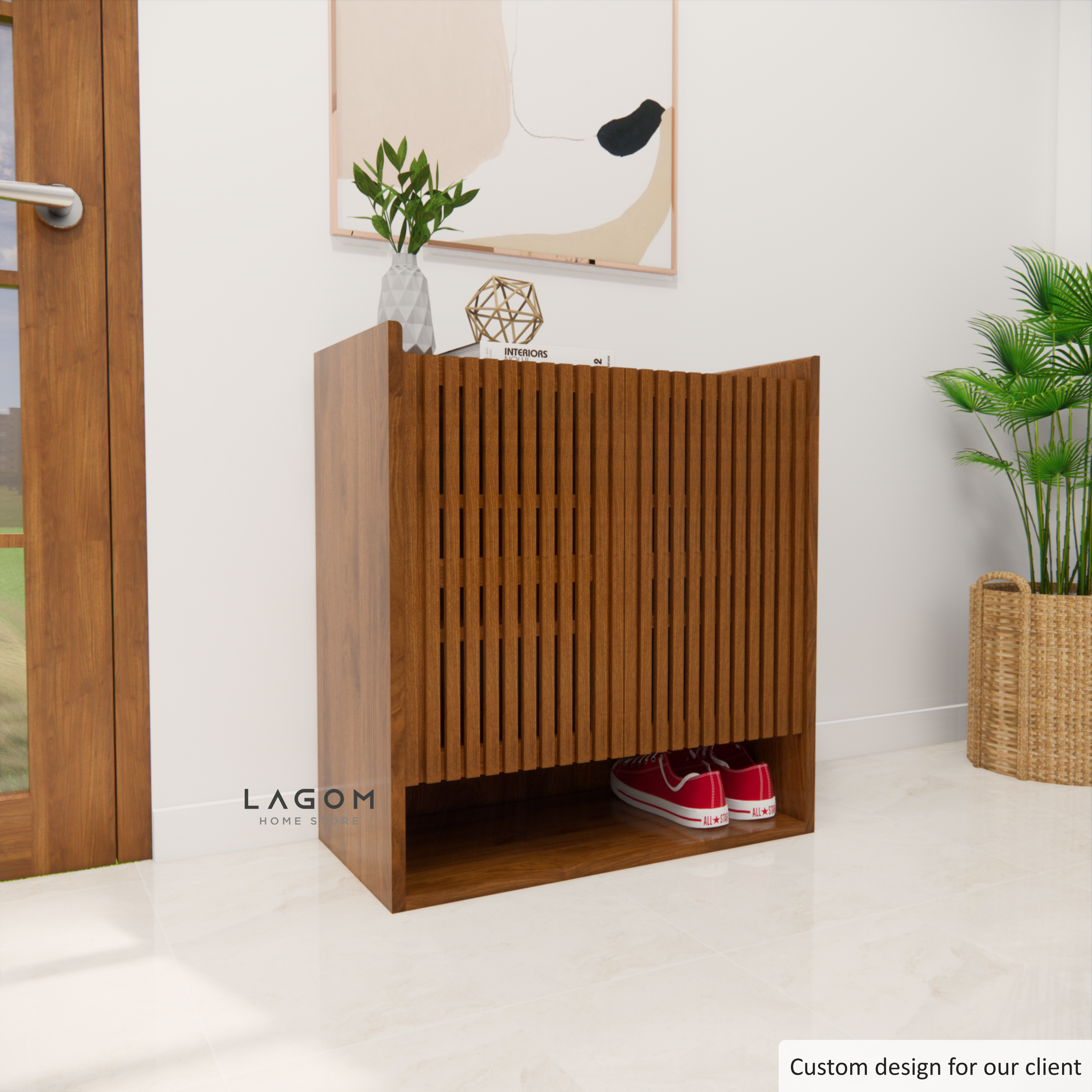 Custom-Made | Teak Wood Shoe Cabinet with Slatted Doors Shoe Storage Lagom Home Store Jati Furnitur Teak Furniture Jakarta