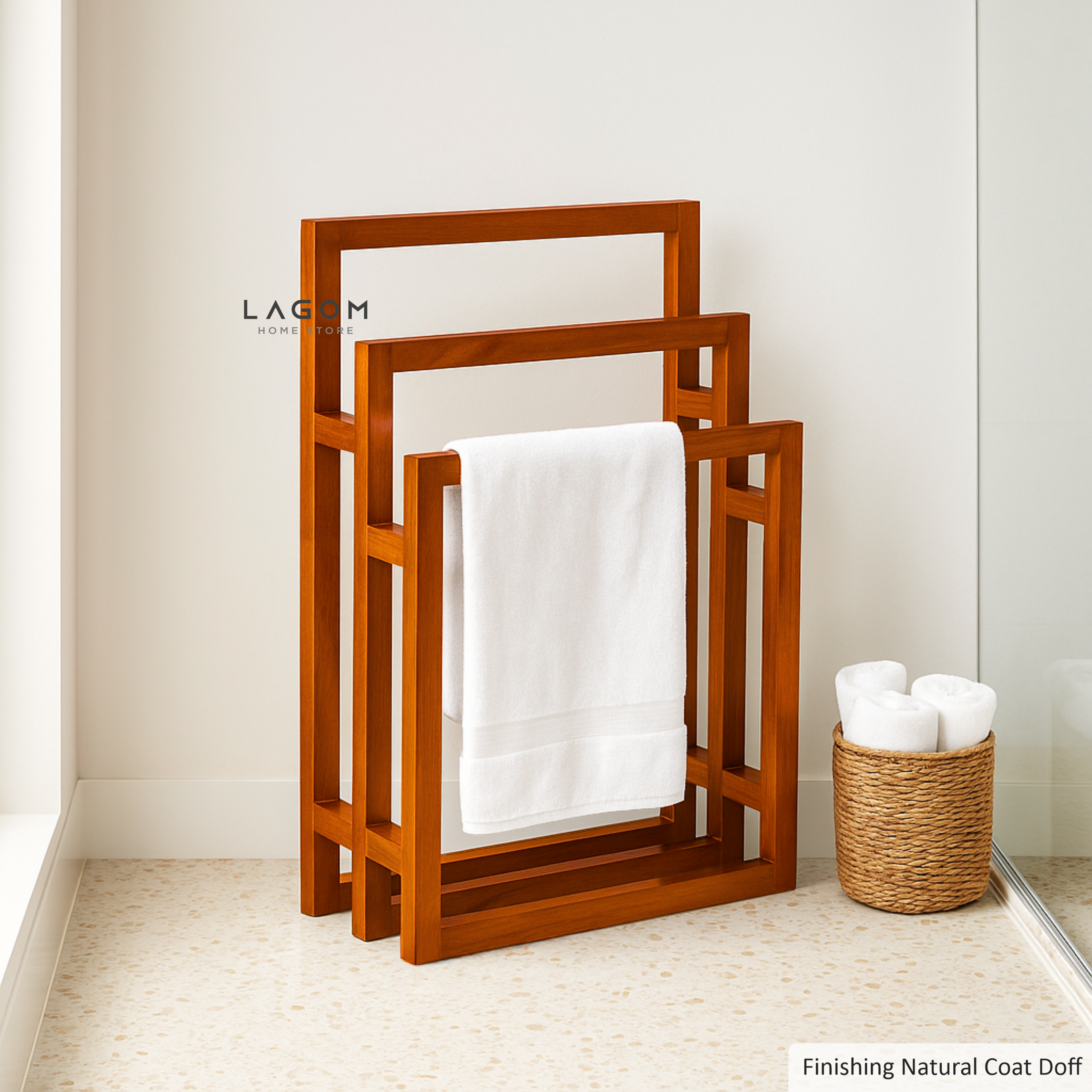 Exclusive Tiered Teak Towel Rack 61 cm (Width) Towel Rack Lagom Home Store Jati Furnitur Teak Furniture Jakarta