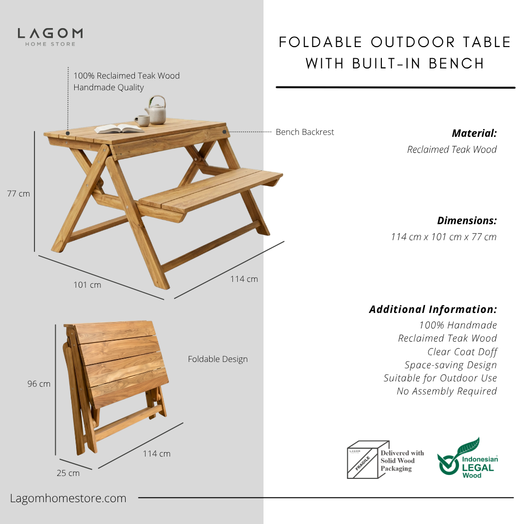 Foldable Outdoor Table with Built-In Bench — Quality Reclaimed Teak Wood Outdoor Table Set Lagom Home Store Jati Furnitur Teak Furniture Jakarta