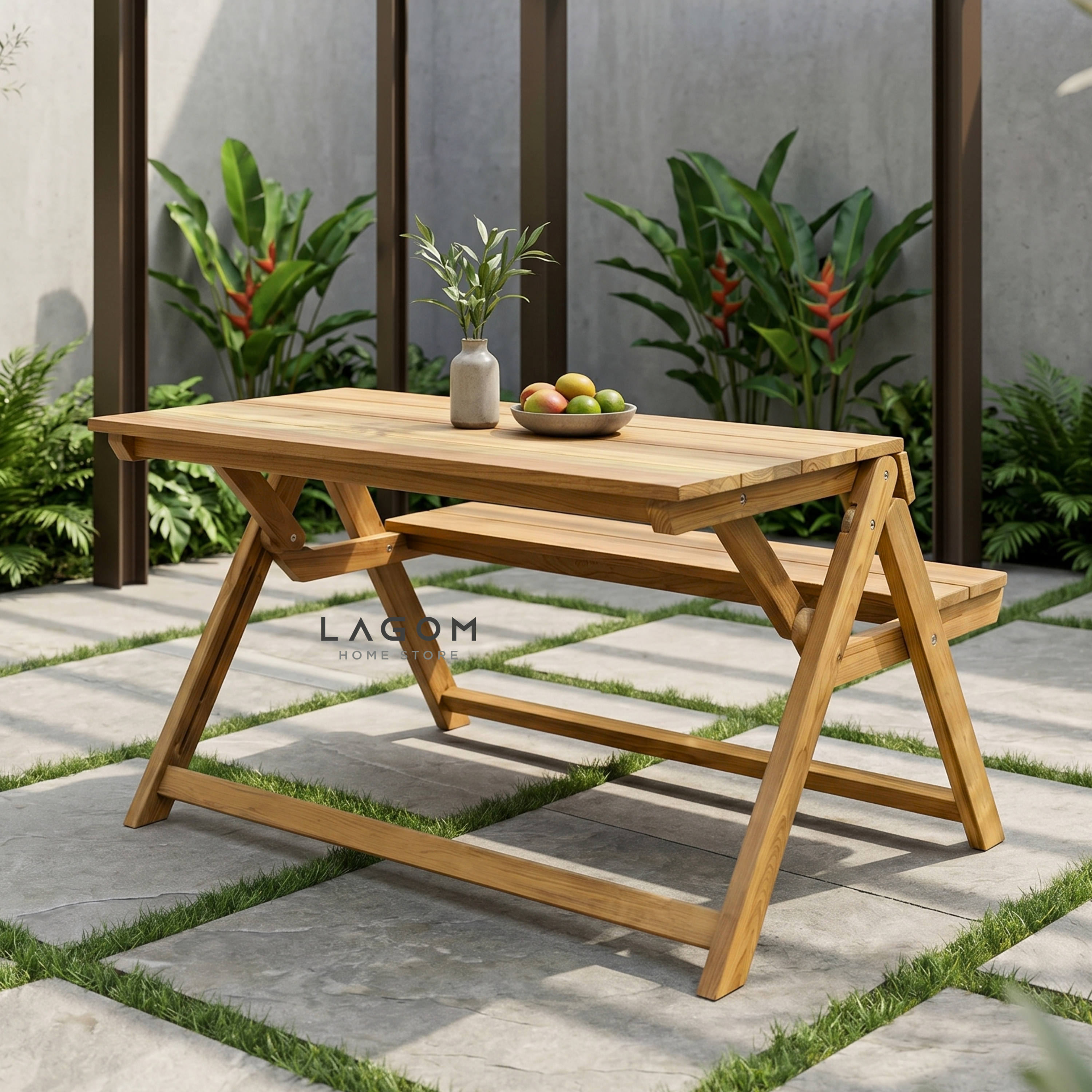 Foldable Outdoor Table with Built-In Bench — Quality Reclaimed Teak Wood Outdoor Table Set Lagom Home Store Jati Furnitur Teak Furniture Jakarta