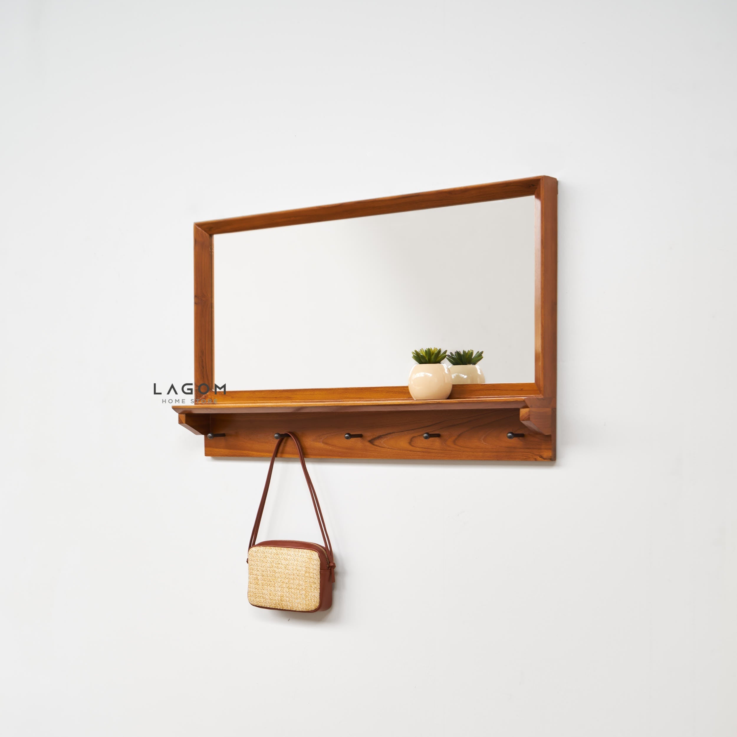Gantungan Dinding Jati dengan Cermin dan Ambalan Kecil Wall Coat Hanger Lagom Home Store Jati Furnitur Teak Furniture Jakarta