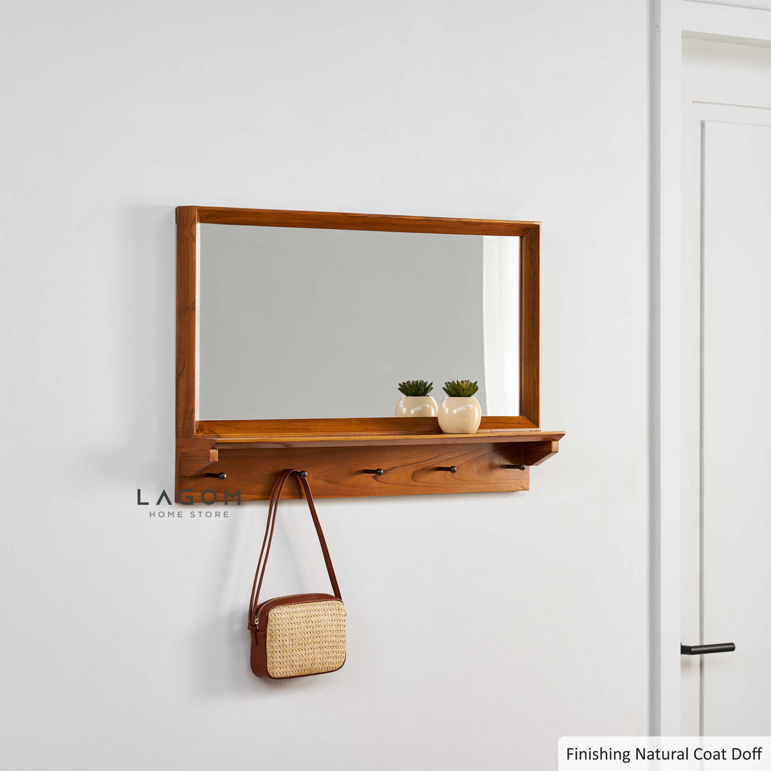 Gantungan Dinding Jati dengan Cermin dan Ambalan Wall Coat Hanger Lagom Home Store Jati Furnitur Teak Furniture Jakarta