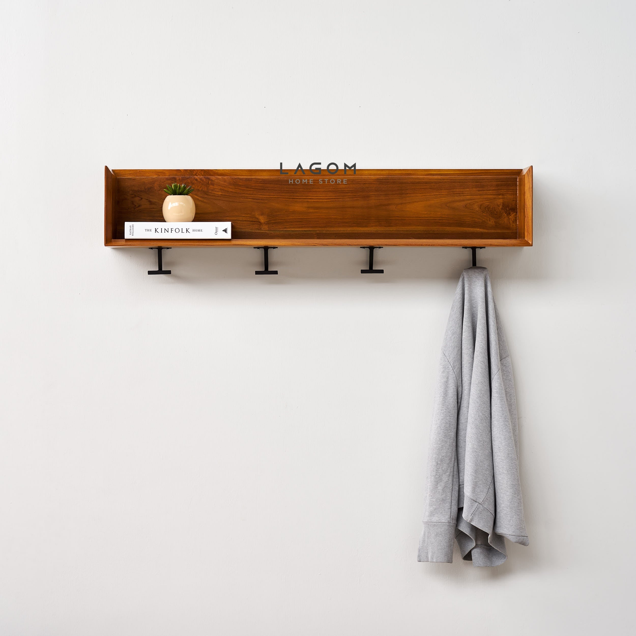 Gantungan Dinding Kayu Jati dengan Rak Pajangan Wall Coat Hanger Lagom Home Store Jati Furnitur Teak Furniture Jakarta