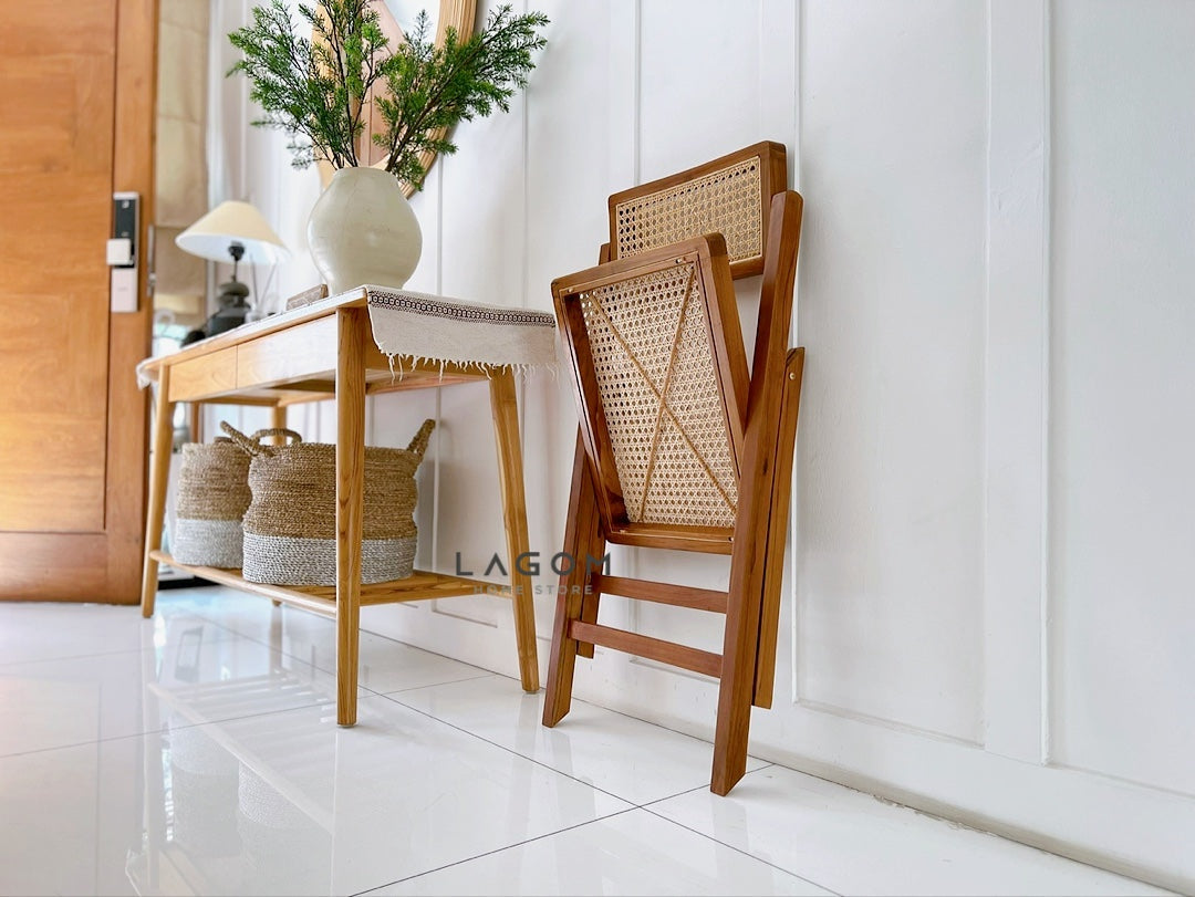 Kursi Lipat Kayu Jati dan Rotan dengan Sandaran yang Dapat Disesuaikan Chair Lagom Home Store Jati Furnitur Teak Furniture Jakarta