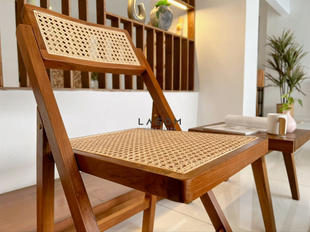 Kursi Lipat Kayu Jati dan Rotan dengan Sandaran yang Dapat Disesuaikan Chair Lagom Home Store Jati Furnitur Teak Furniture Jakarta