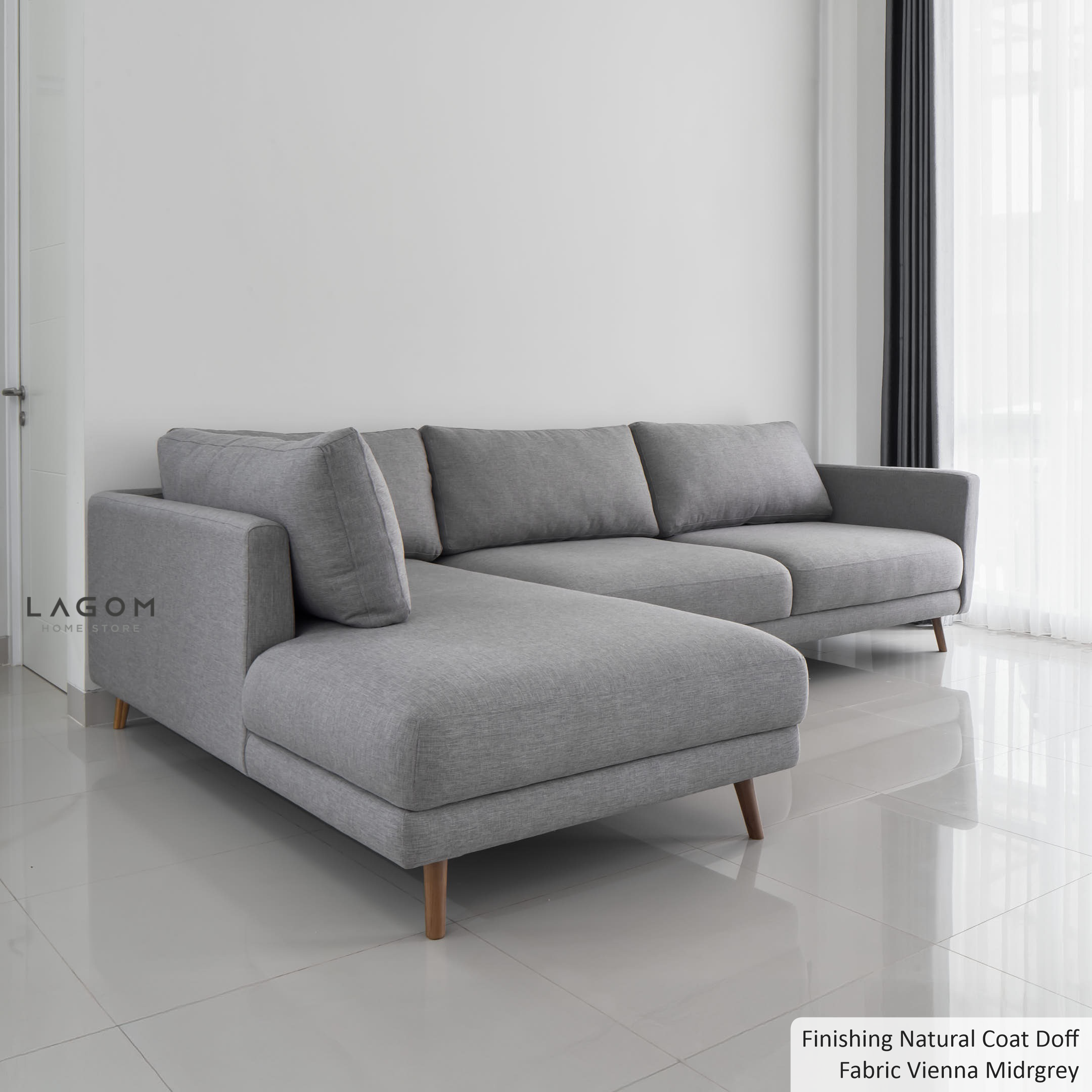 L-Shaped Sofa with Premium Polyester Fabric & Teak Wood Frame Sofa Lagom Home Store Jati Furnitur Teak Furniture Jakarta