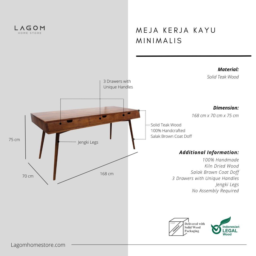 Meja Kerja dengan 3 Laci dari Kayu Jati Solid Desk Lagom Home Store Jati Furnitur Teak Furniture Jakarta