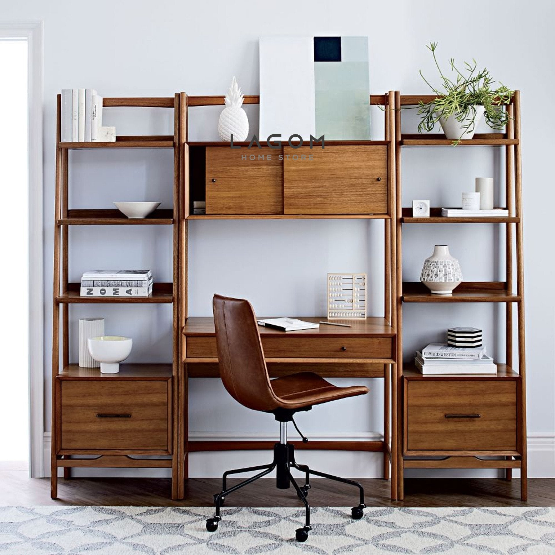 Meja Kerja dengan Banyak Penyimpanan dari Kayu Jati Desk Lagom Home Store Jati Furnitur Teak Furniture Jakarta