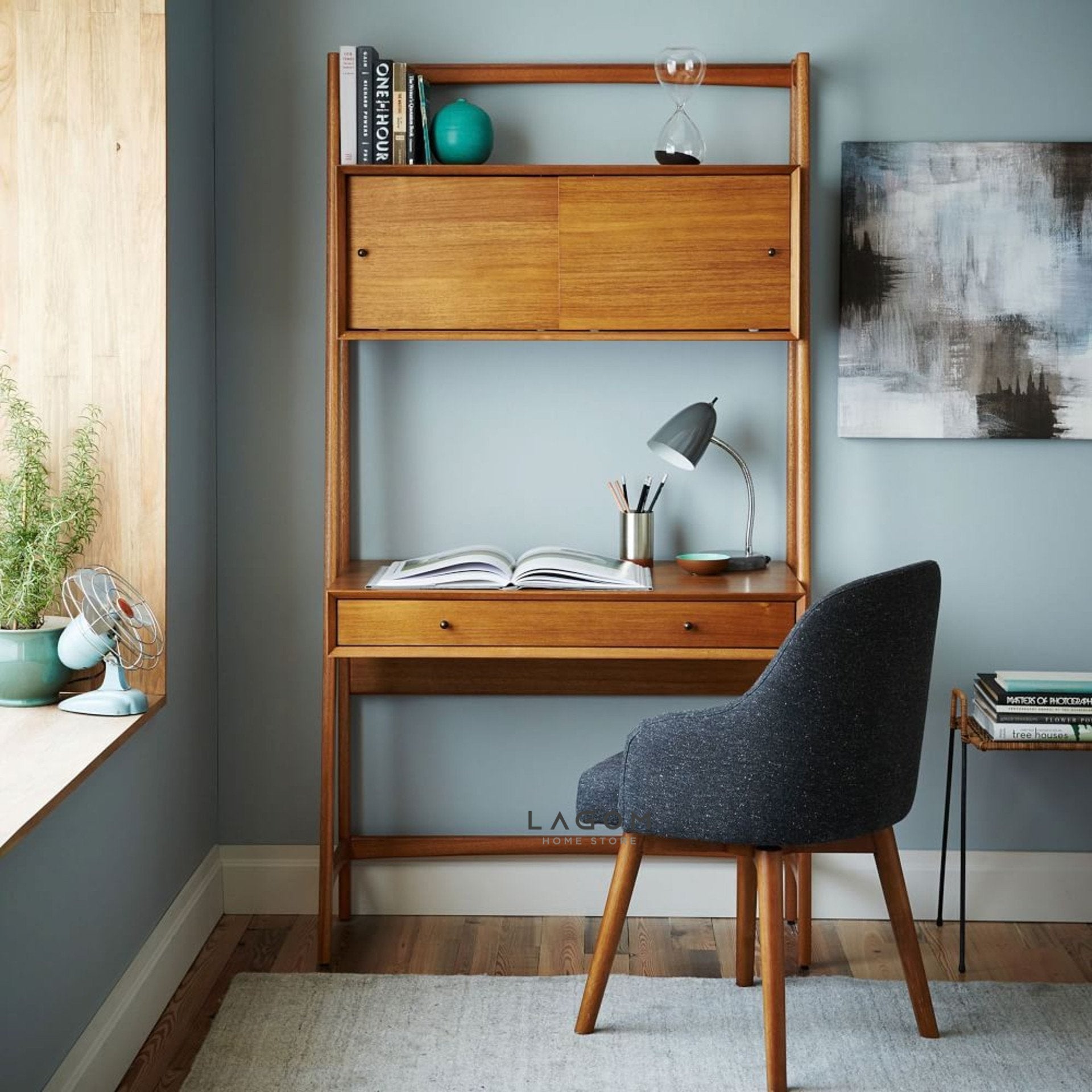 Meja Kerja dengan Banyak Penyimpanan dari Kayu Jati Desk Lagom Home Store Jati Furnitur Teak Furniture Jakarta