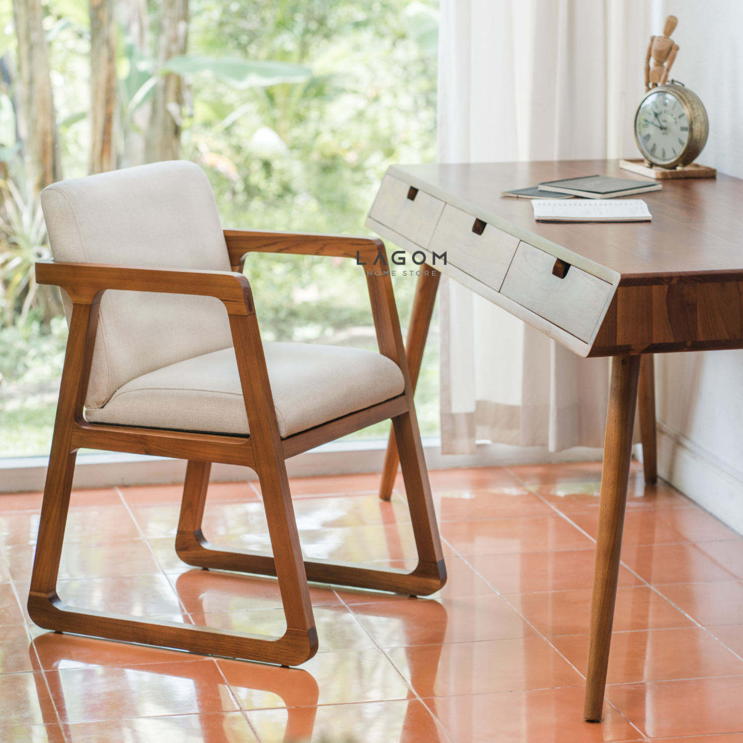 Meja Kerja Kayu Jati dengan 3 Laci Desk + Chair (Option 2) Desk Lagom Home Store Jati Furnitur Teak Furniture Jakarta