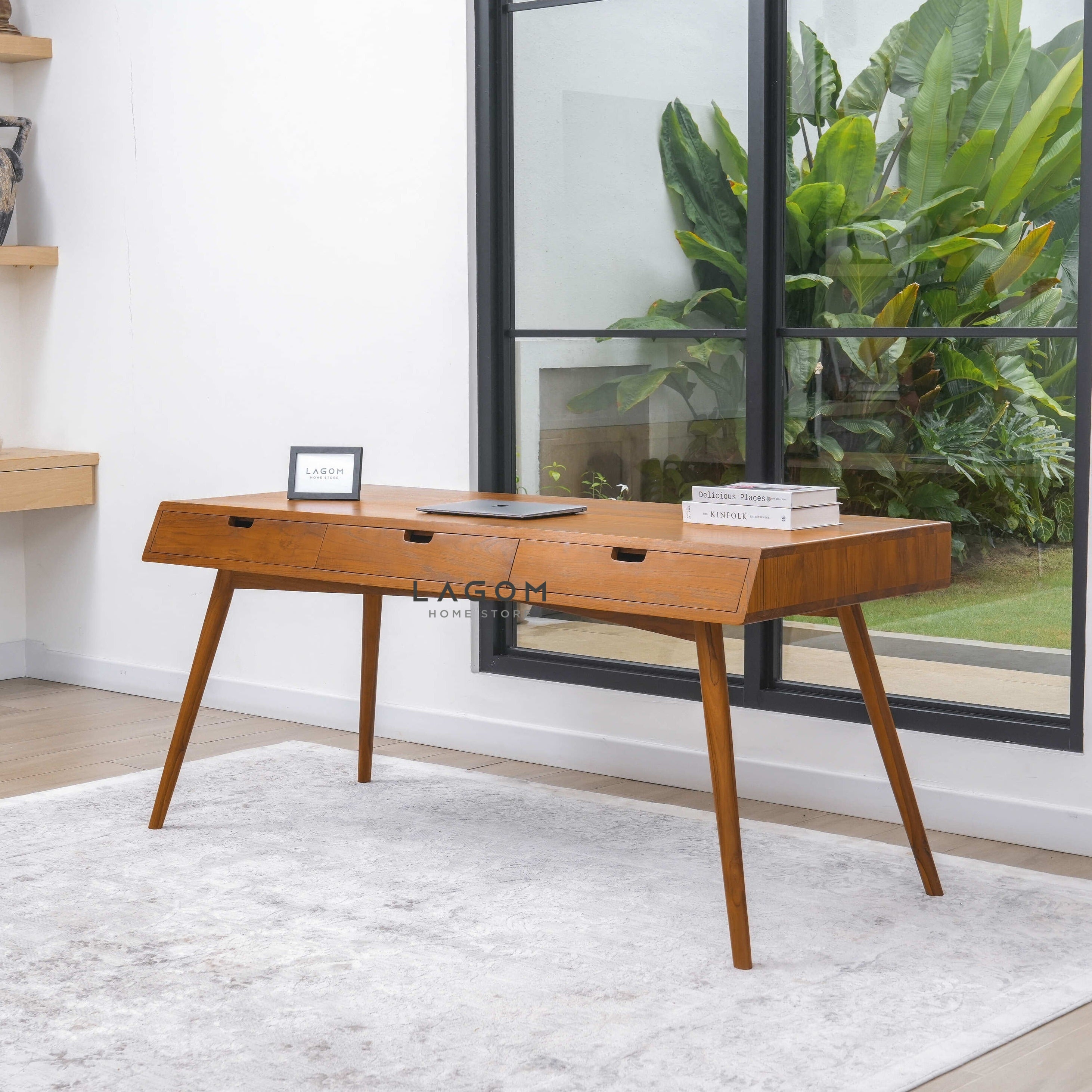 Meja Kerja Kayu Jati dengan 3 Laci Desk Lagom Home Store Jati Furnitur Teak Furniture Jakarta