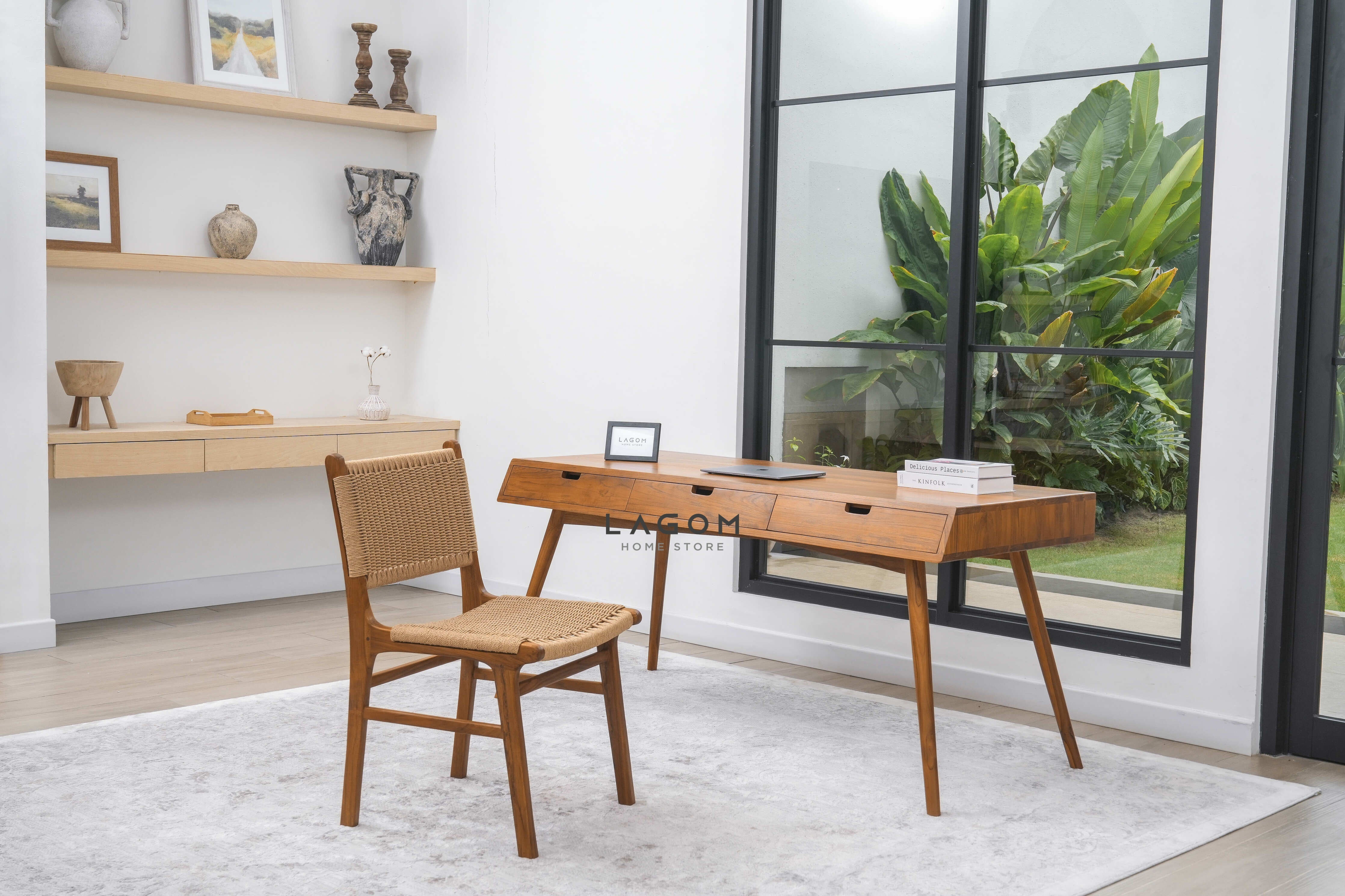 Meja Kerja Kayu Jati dengan 3 Laci Desk Lagom Home Store Jati Furnitur Teak Furniture Jakarta