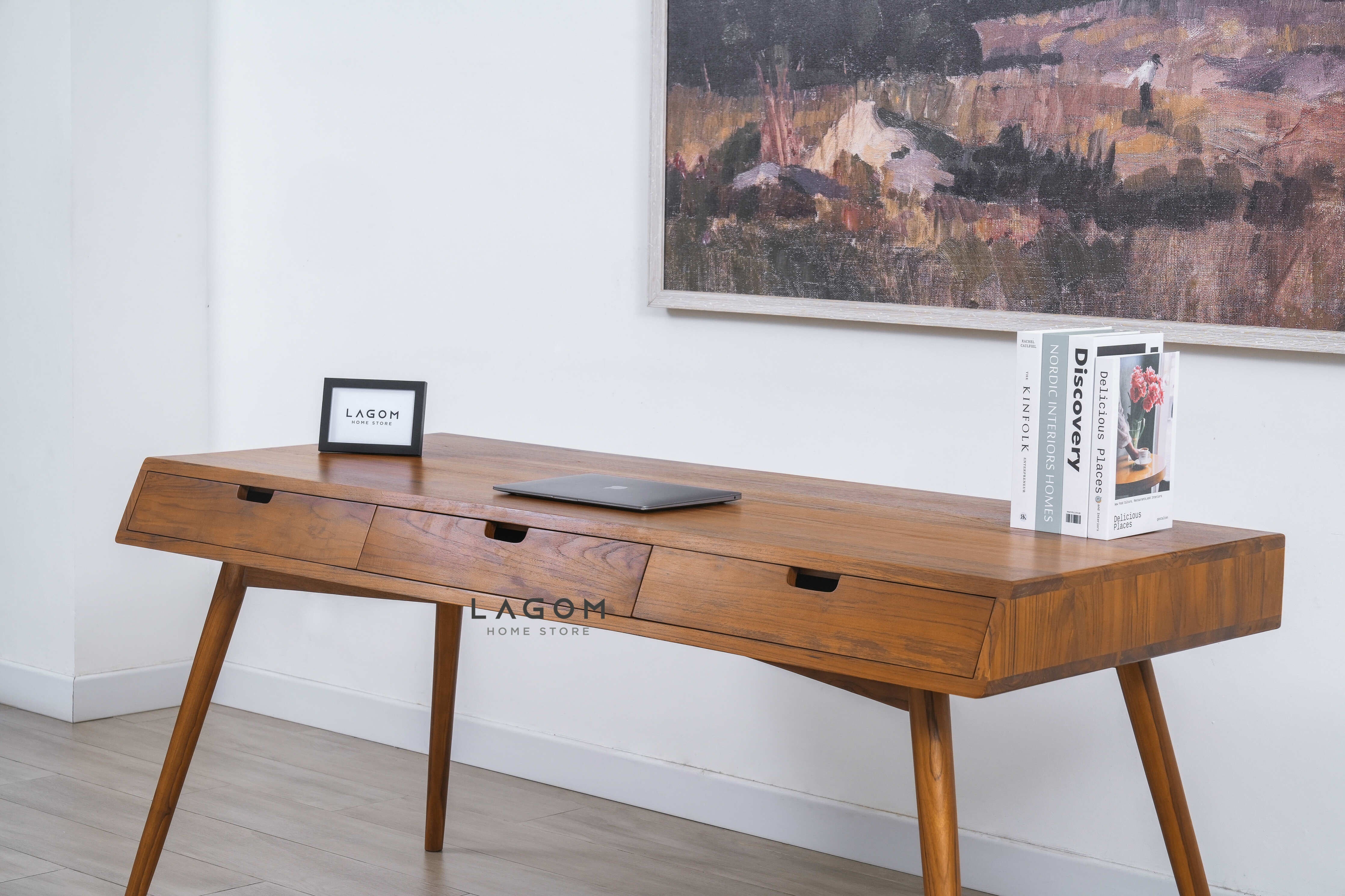 Meja Kerja Kayu Jati dengan 3 Laci Desk Lagom Home Store Jati Furnitur Teak Furniture Jakarta