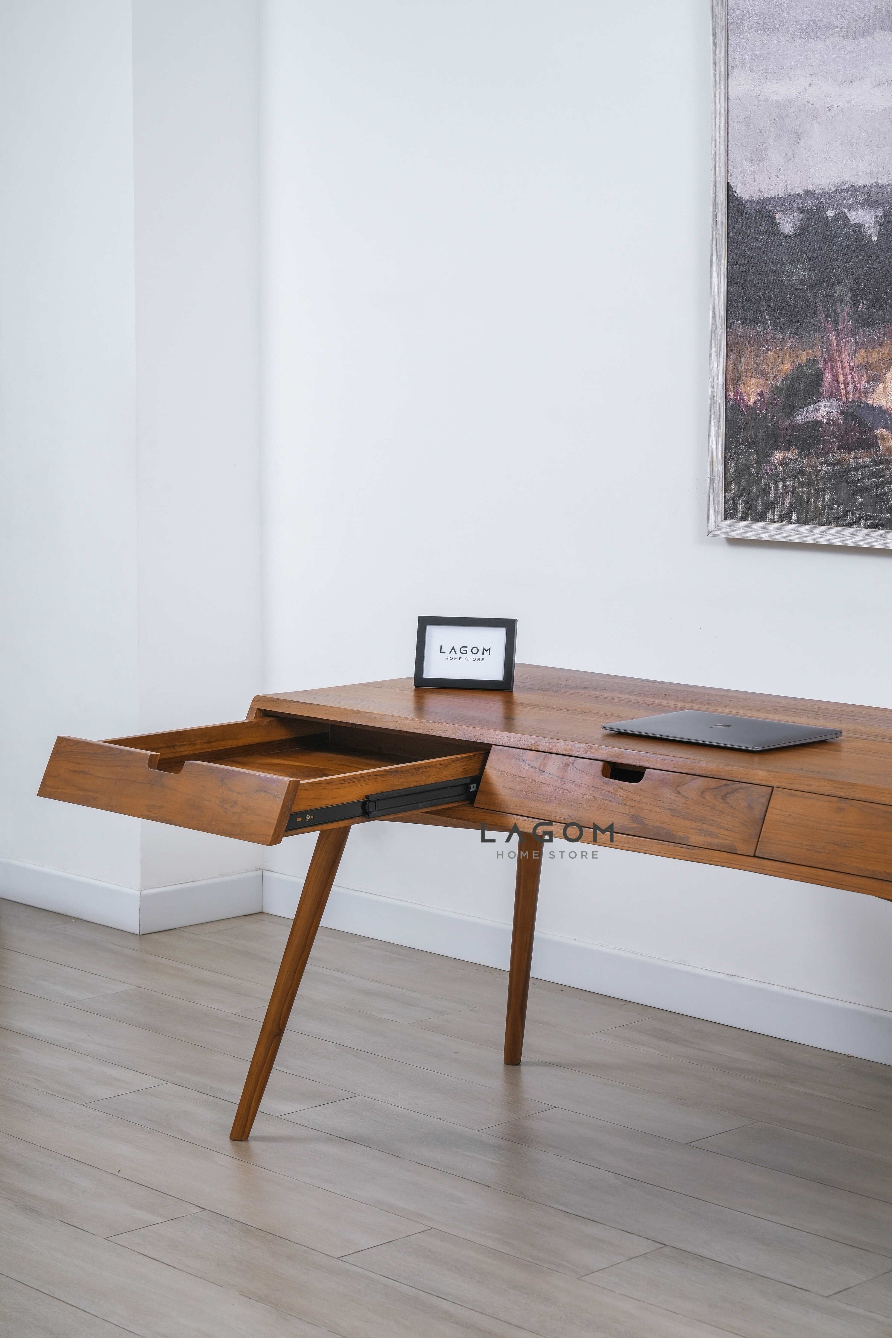 Meja Kerja Kayu Jati dengan 3 Laci Desk Lagom Home Store Jati Furnitur Teak Furniture Jakarta