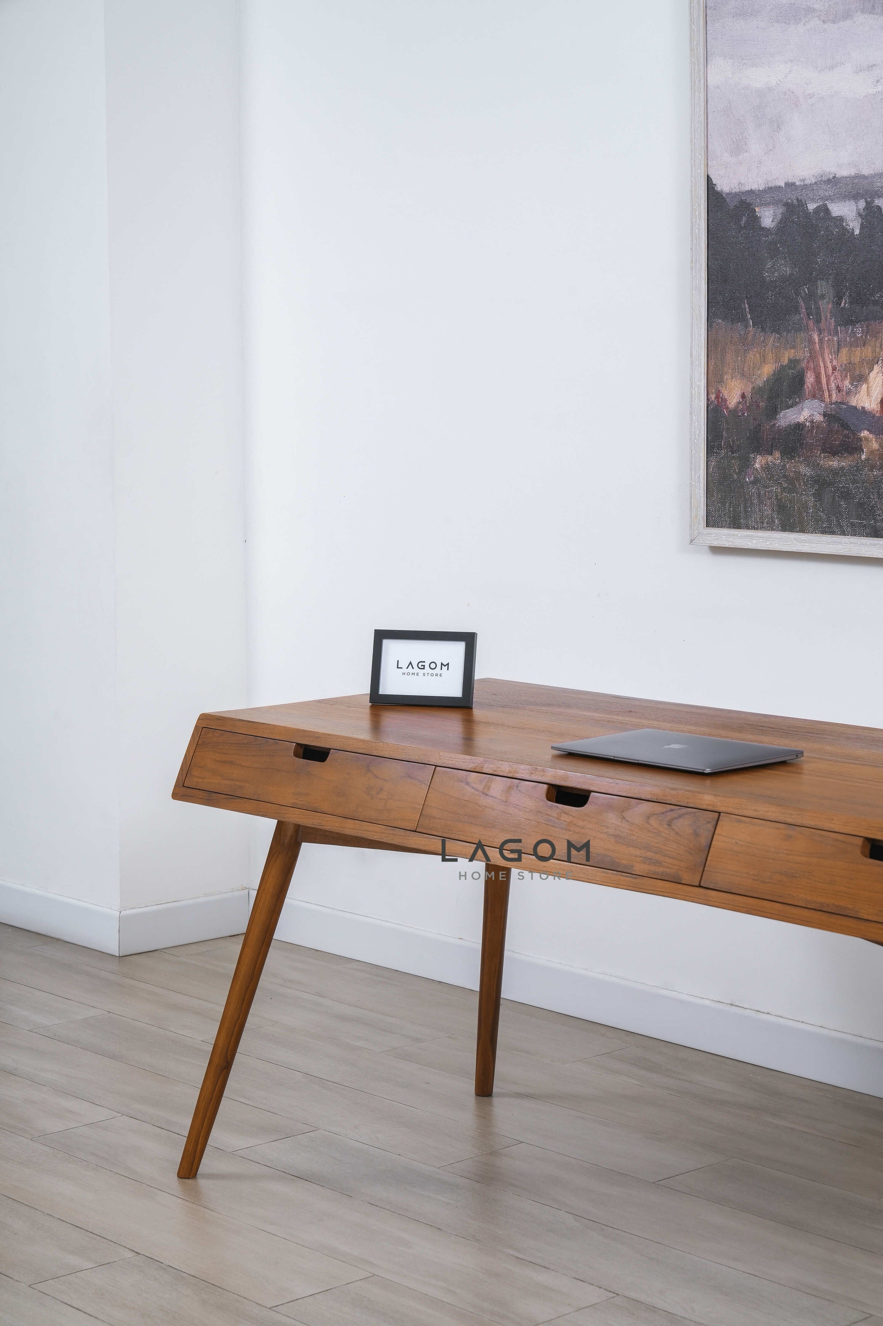 Meja Kerja Kayu Jati dengan 3 Laci Desk Lagom Home Store Jati Furnitur Teak Furniture Jakarta