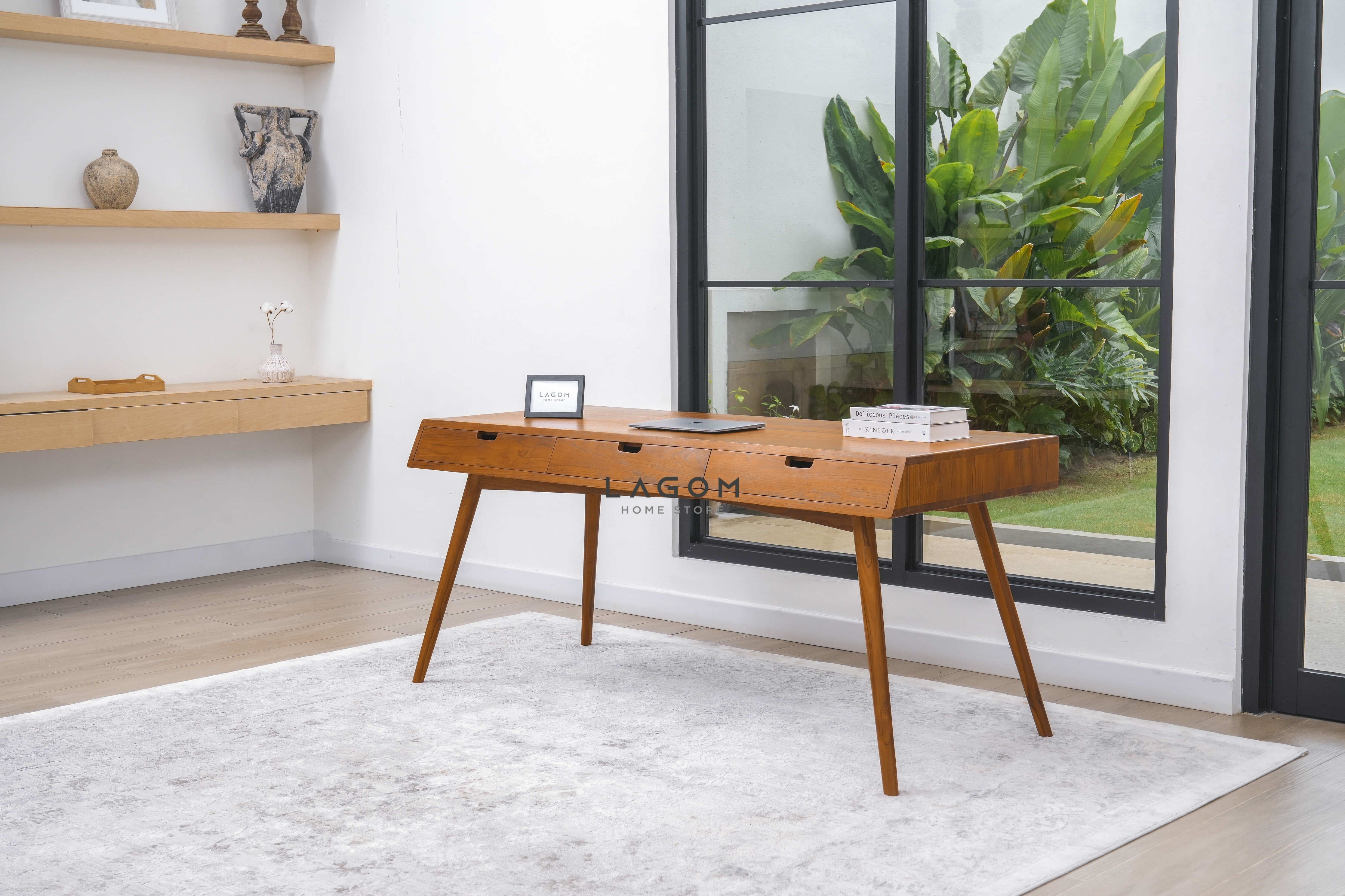 Meja Kerja Kayu Jati dengan 3 Laci Desk Lagom Home Store Jati Furnitur Teak Furniture Jakarta