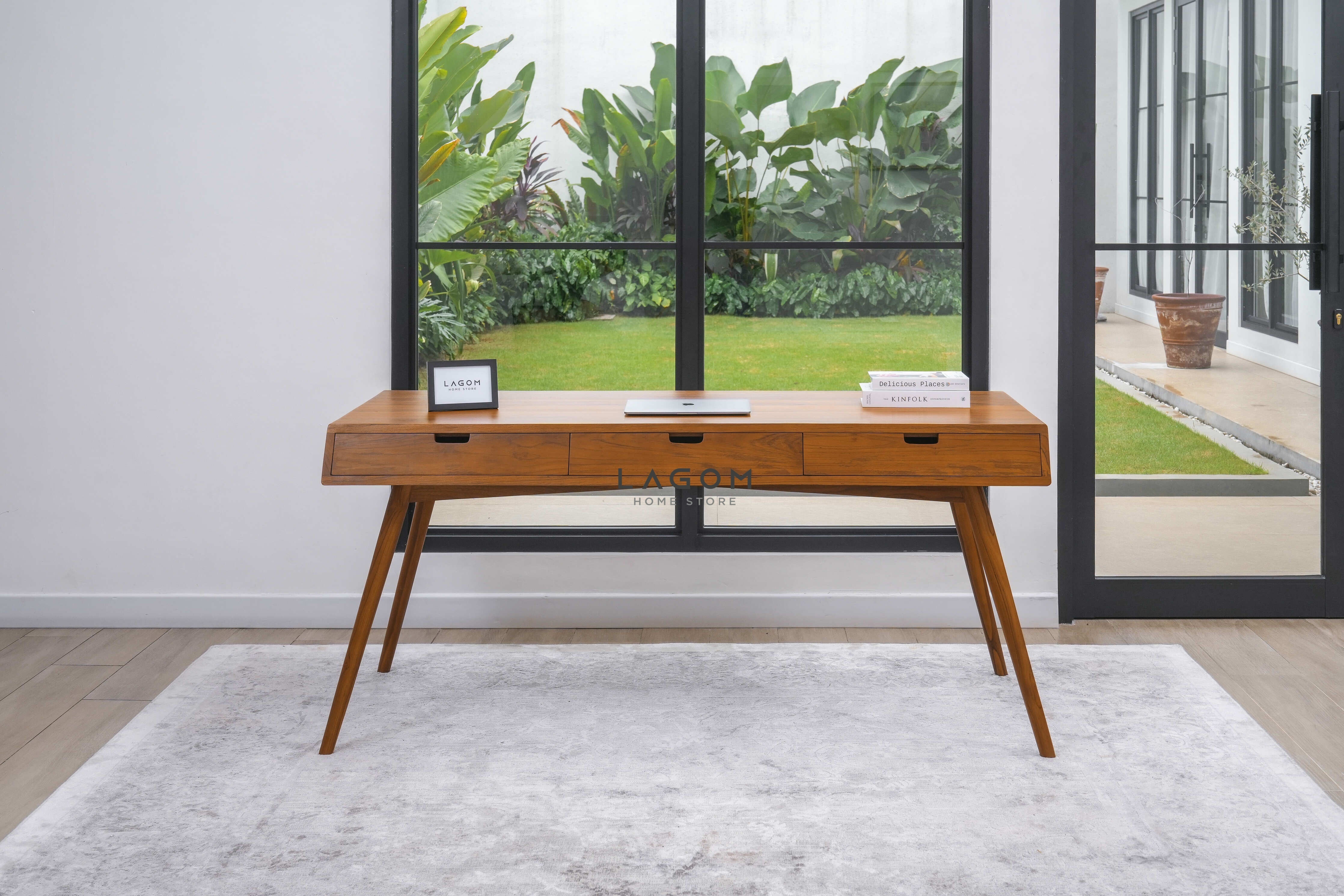 Meja Kerja Kayu Jati dengan 3 Laci Desk Lagom Home Store Jati Furnitur Teak Furniture Jakarta