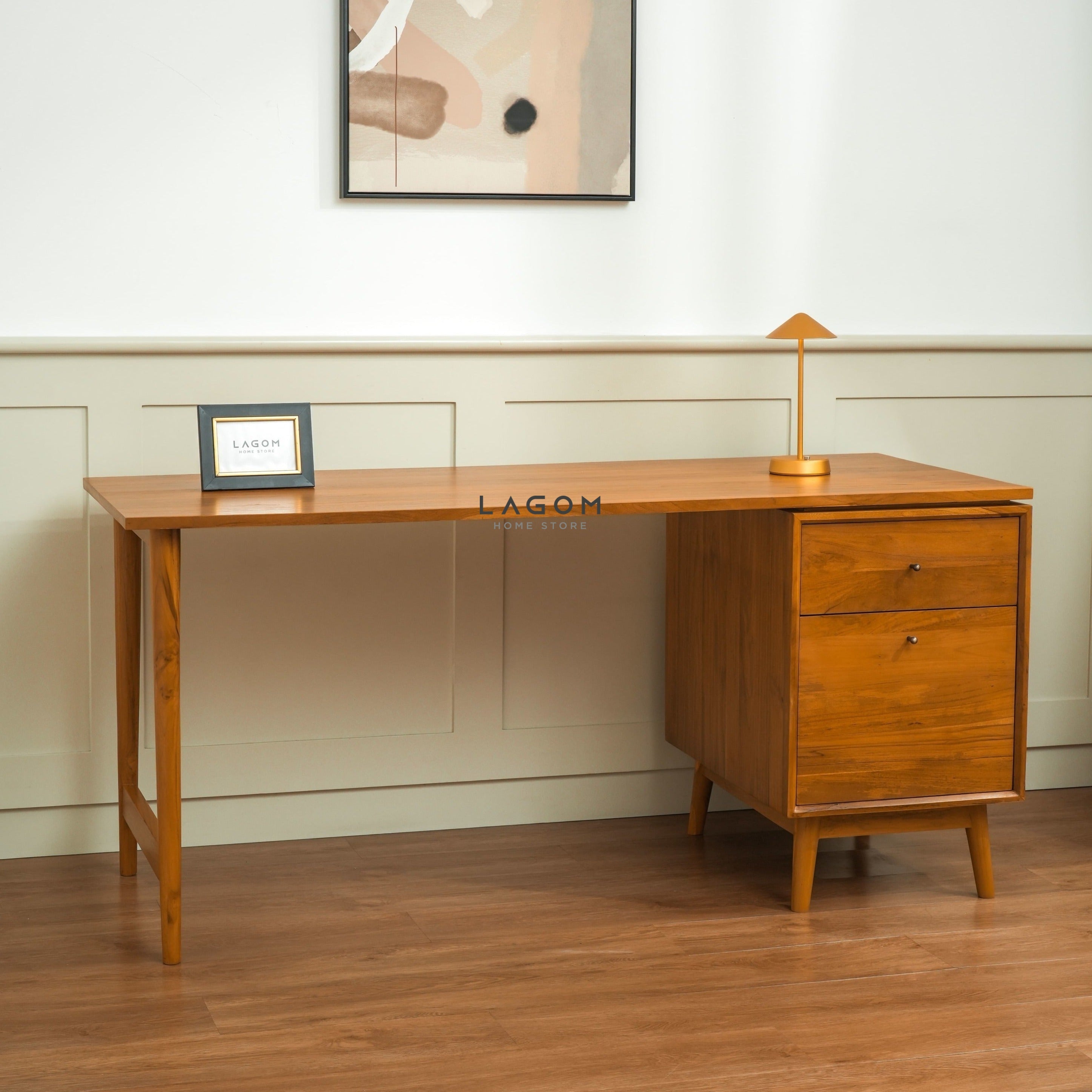 Meja Kerja Minimalis dengan 2 Laci dari Kayu Jati Solid Desk Lagom Home Store Jati Furnitur Teak Furniture Jakarta