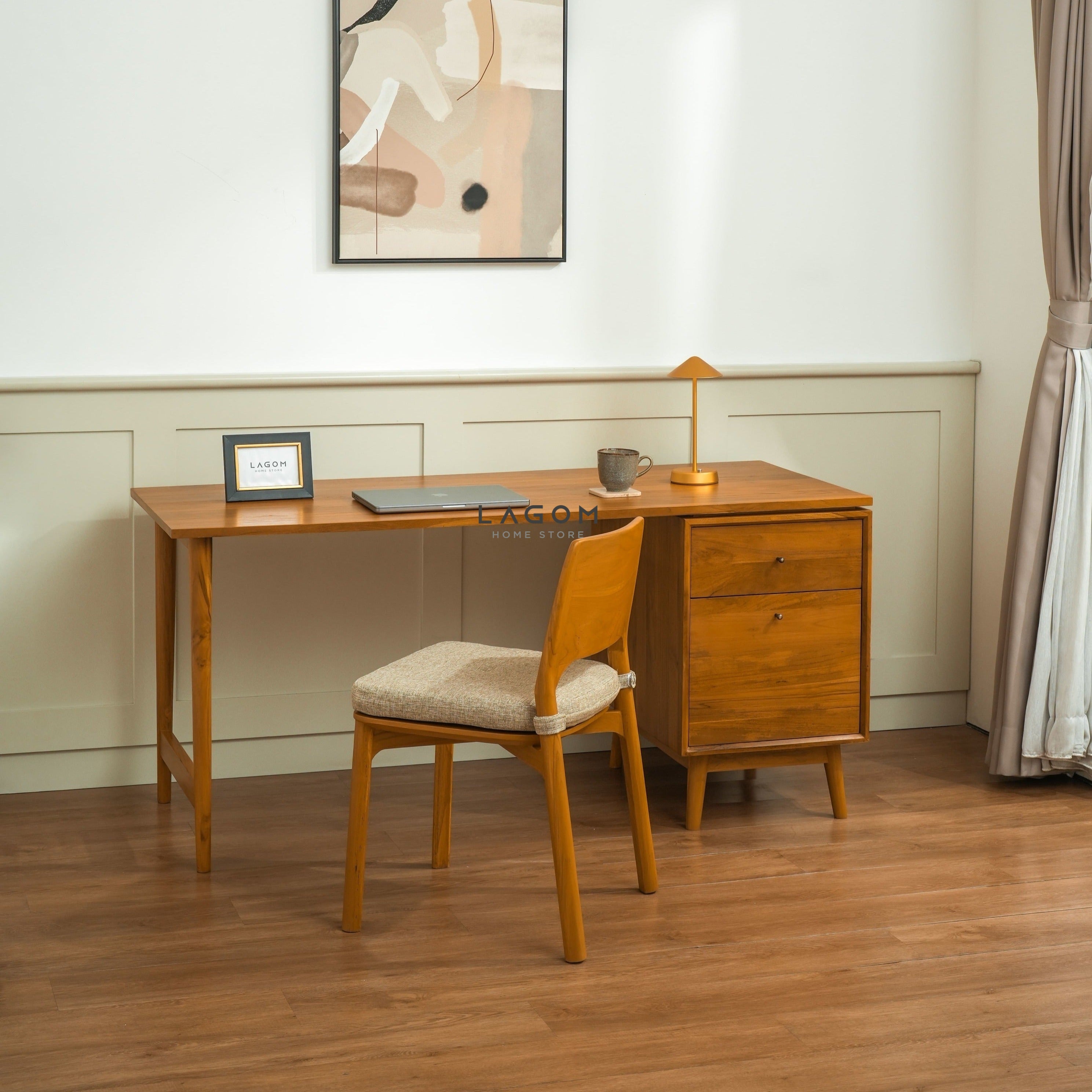 Meja Kerja Minimalis dengan 2 Laci dari Kayu Jati Solid Desk Lagom Home Store Jati Furnitur Teak Furniture Jakarta