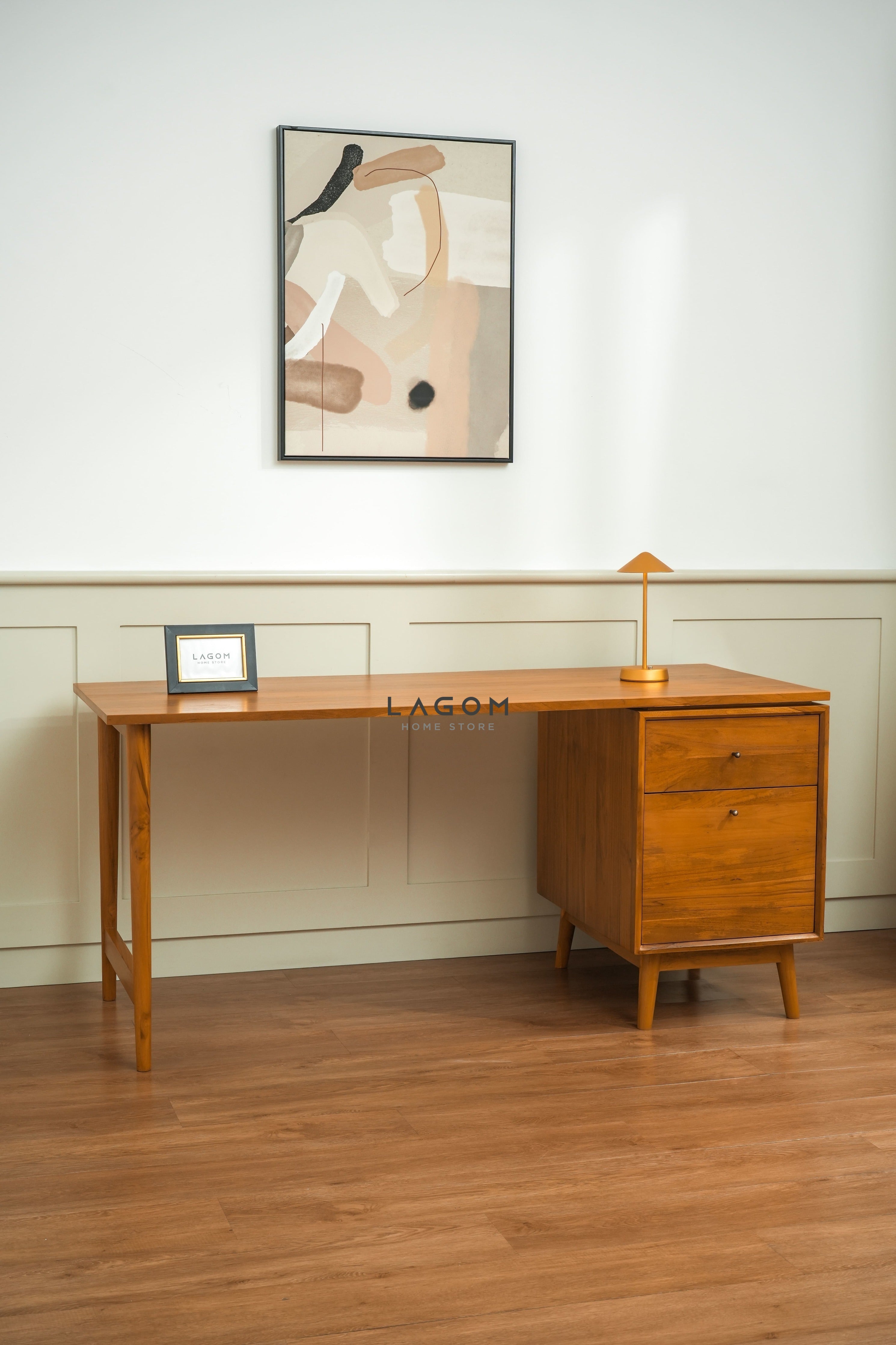 Meja Kerja Minimalis dengan 2 Laci dari Kayu Jati Solid Desk Lagom Home Store Jati Furnitur Teak Furniture Jakarta